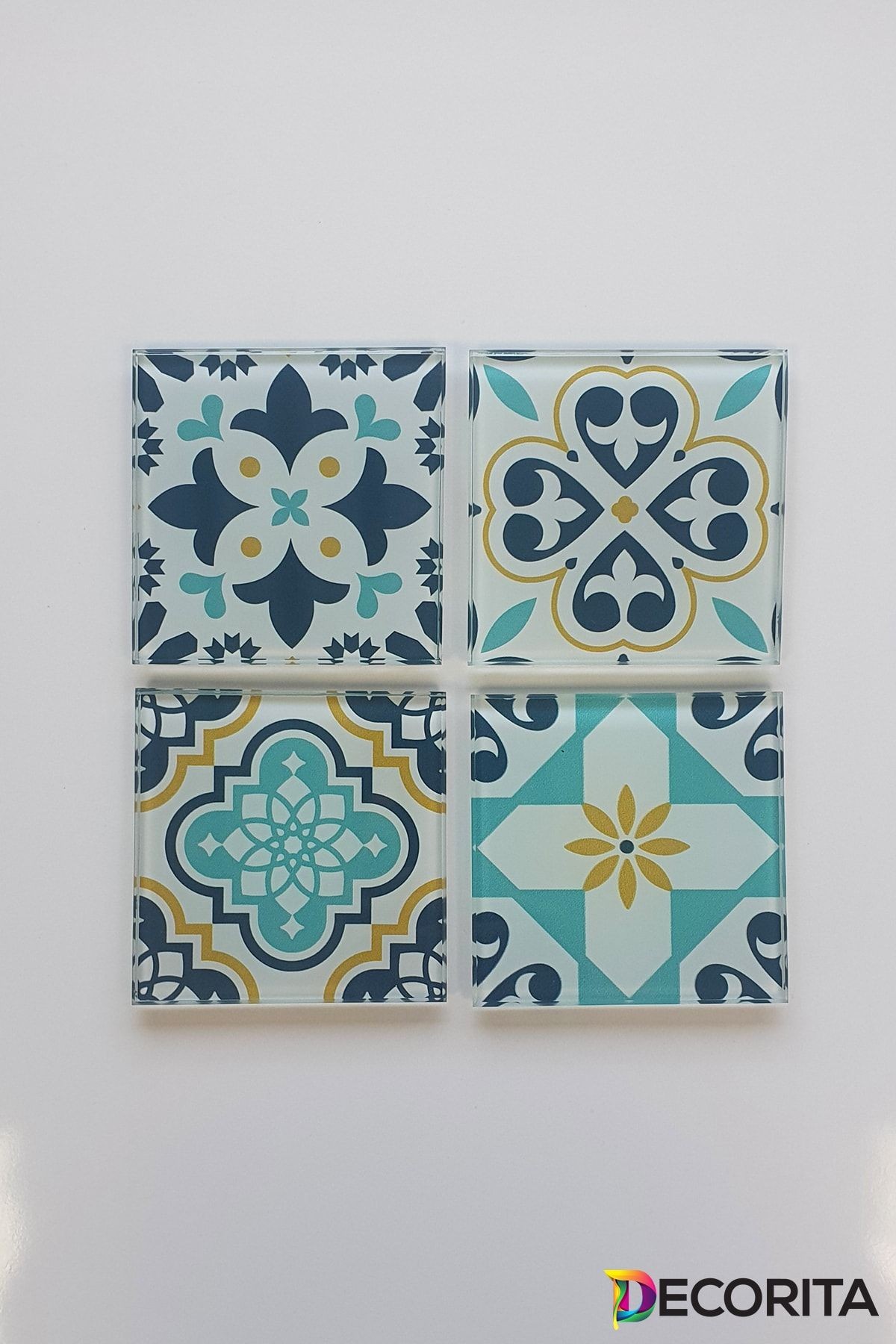 Cam Bardak Altlığı | Modern Çini Desen | 4'lü Takım | 10cm X 10cm