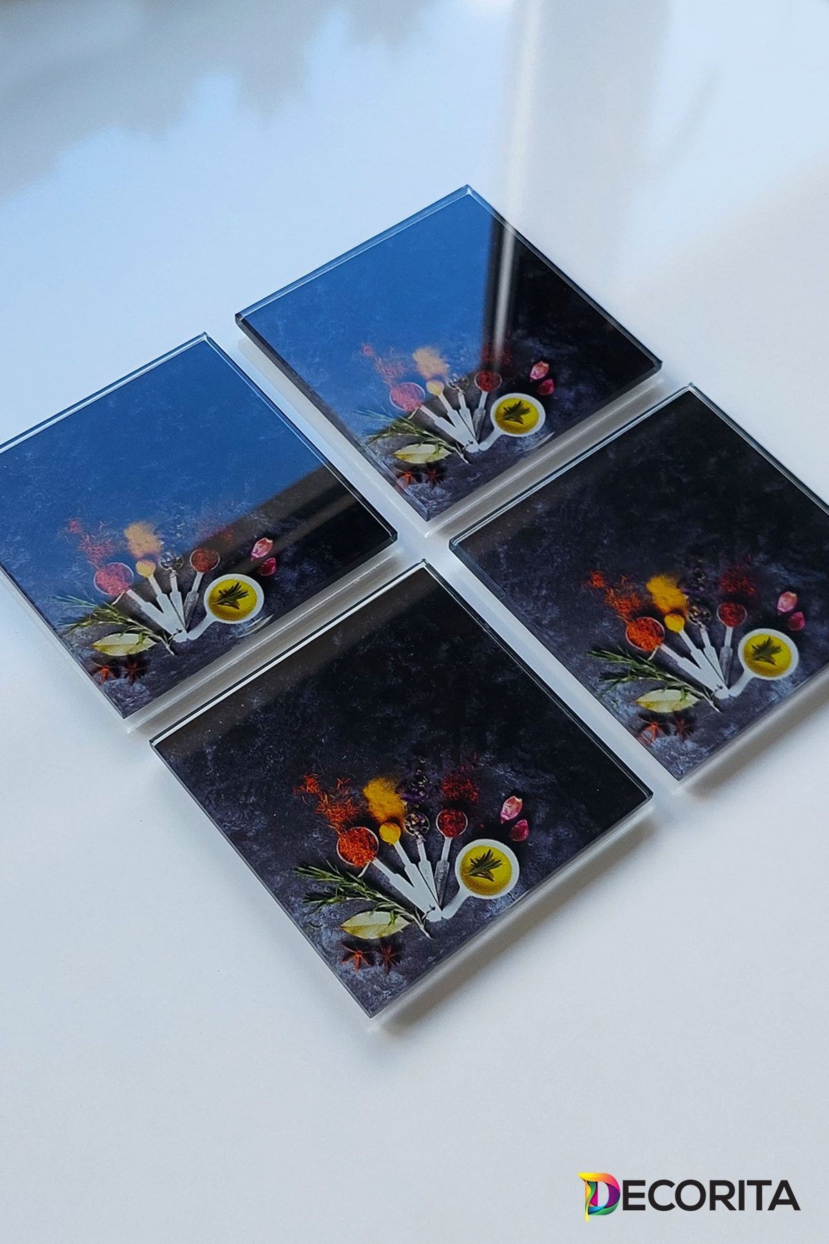 Cam Bardak Altlığı | 4'lü Takım Baharat Çeşnisi | 10cm X 10cm