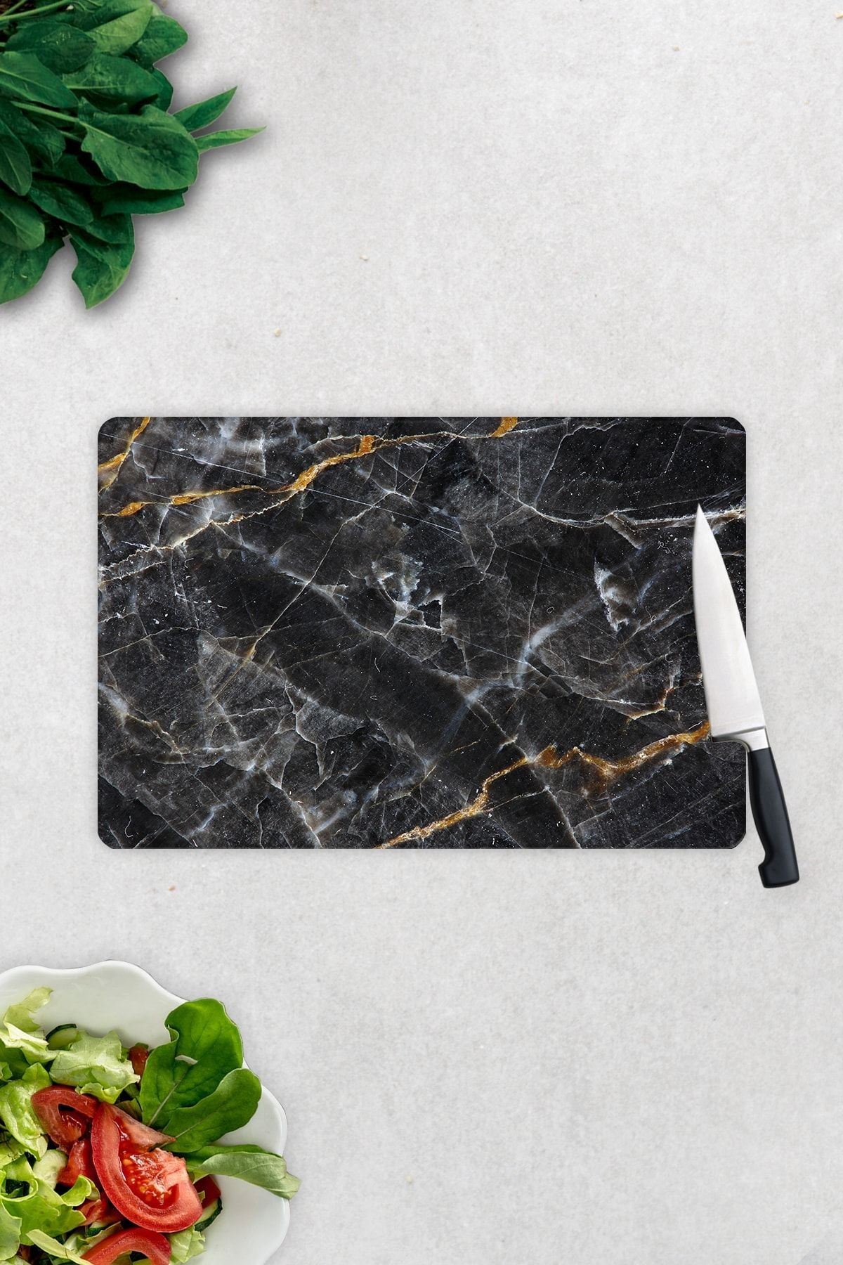 Kahverengi Detaylı Siyah Mermer Görünümlü | Cam Kesme Tahtası - Cam Kesme Tablası | 20cm X 30cm