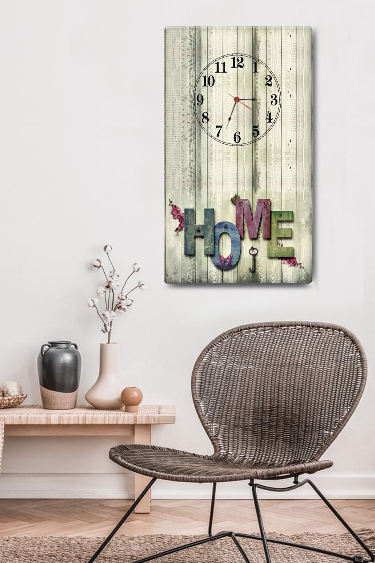Ahşap Görünümlü Home Yazılı | Dekoratif Cam Duvar Saati