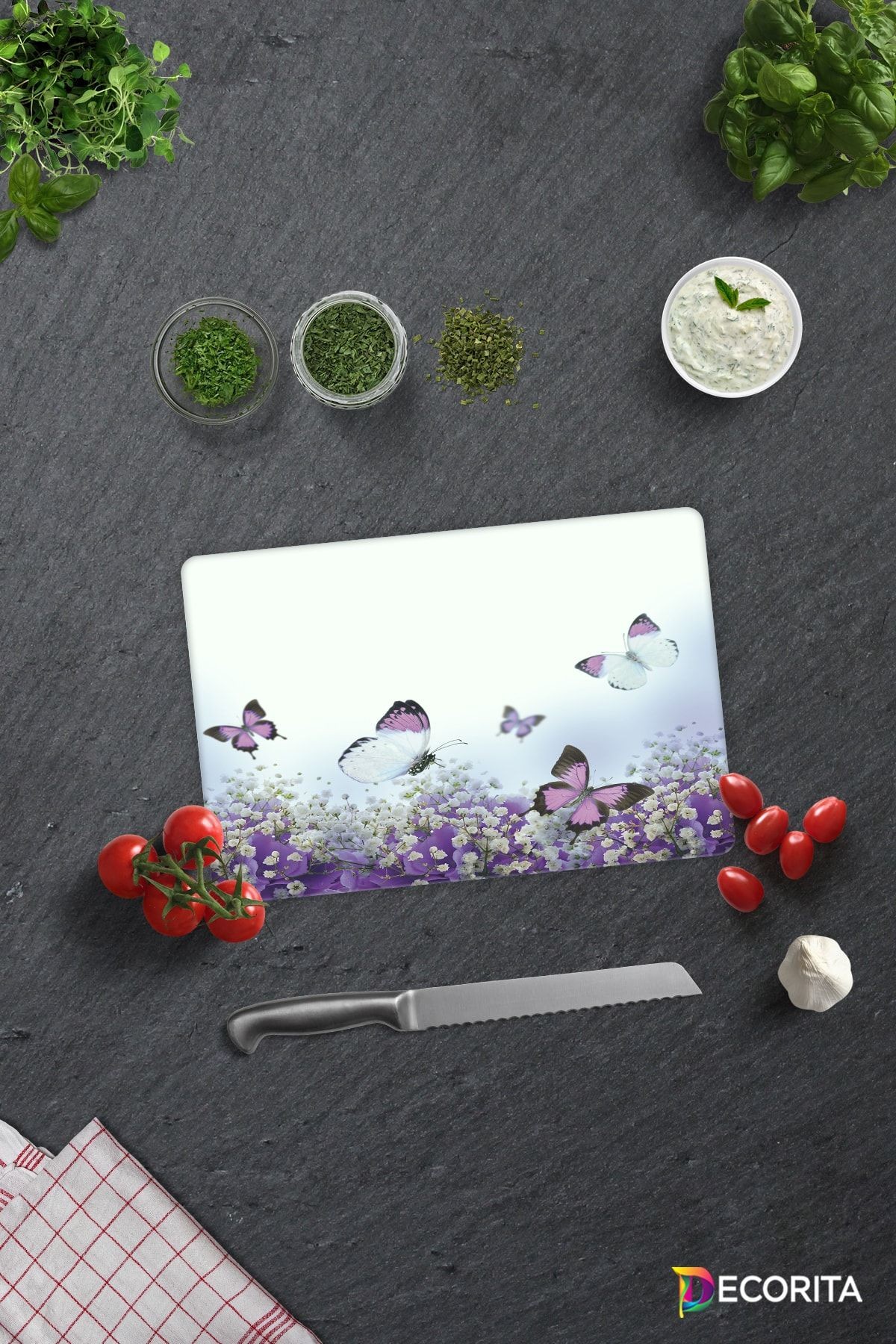 Mor Çiçek Ve Kelebekler | Cam Kesme Tahtası - Cam Kesme Tablası | 20cm X 30cm