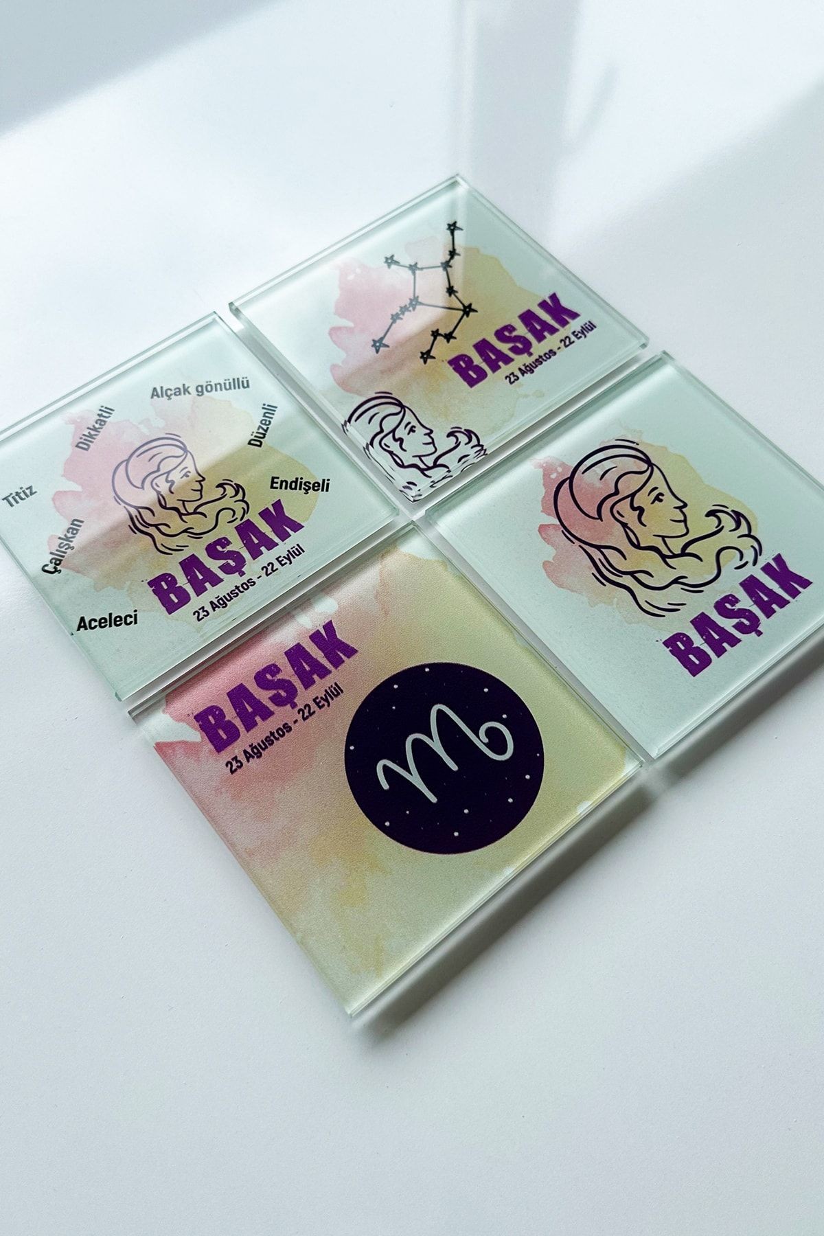 Cam Bardak Altlığı | Burçlar - Başak Burcu | 4'lü Takım | 10cm X 10cm