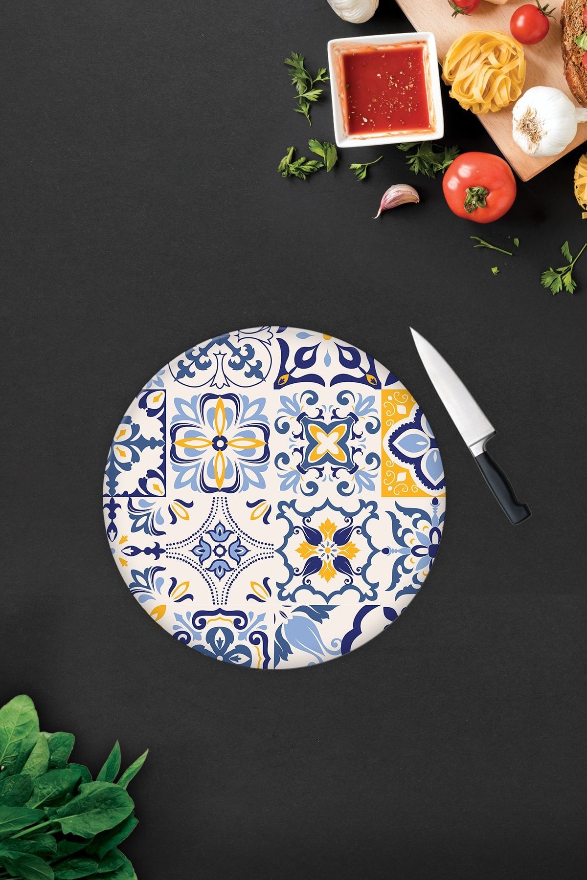 Mavi Çini Desen | Cam Kesme Tahtası - Cam Kesme Tablası | Çap32cm