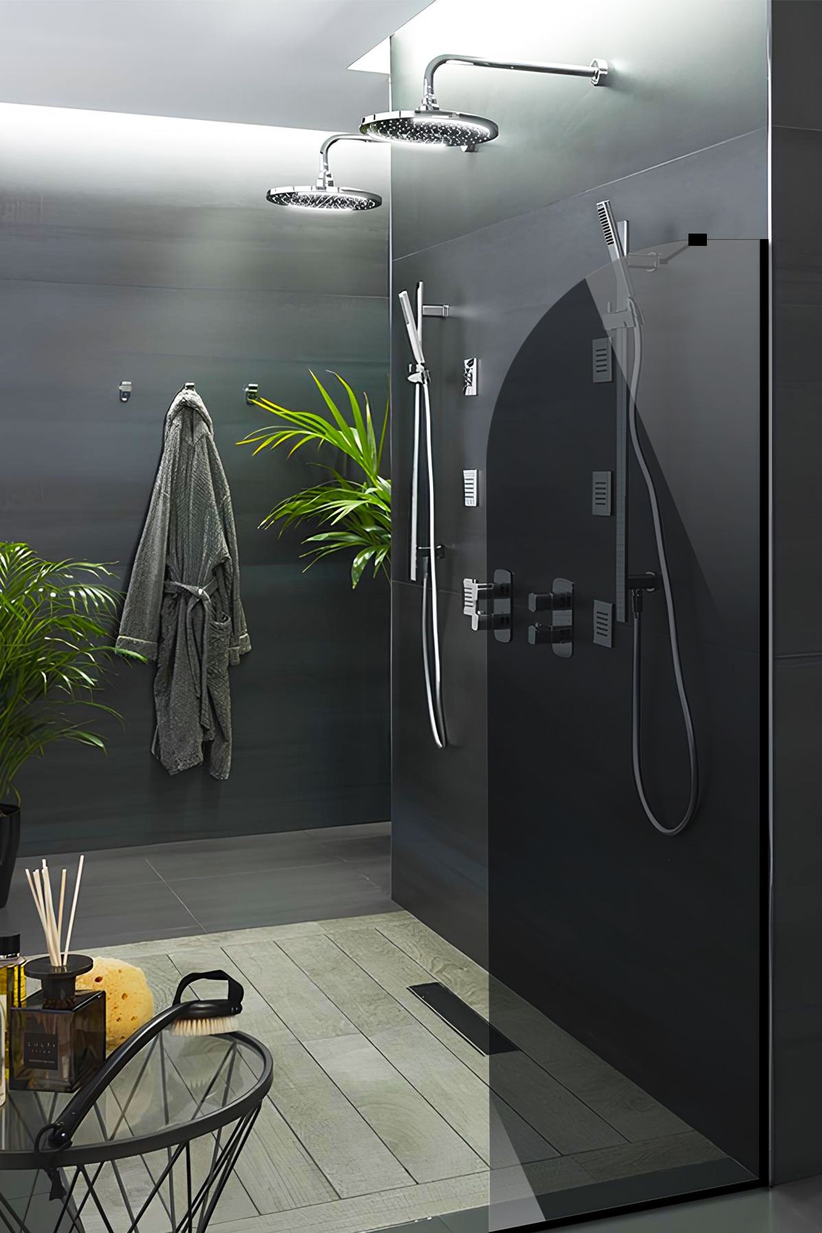 Cam Duşakabin Seperatör - Sabit Panel | Füme Cam - Şekilli | Siyah Profil | 55cm x 190cm