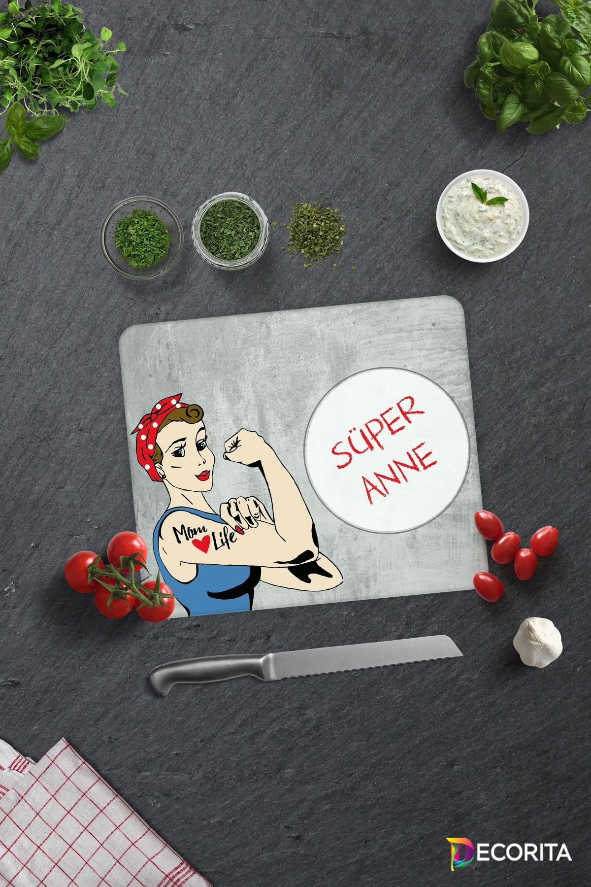 Süper Anne | Gri Temalı | Cam Kesme Tahtası | 29cm x 34cm