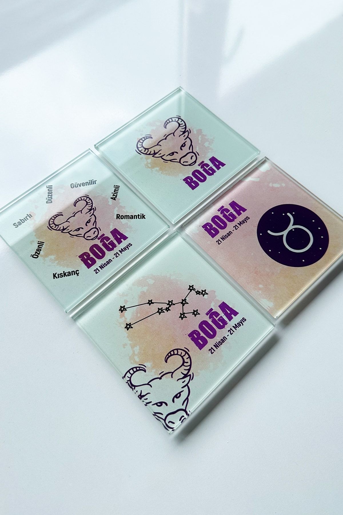 Cam Bardak Altlığı | Burçlar - Boğa Burcu | 4'lü Takım | 10cm X 10cm