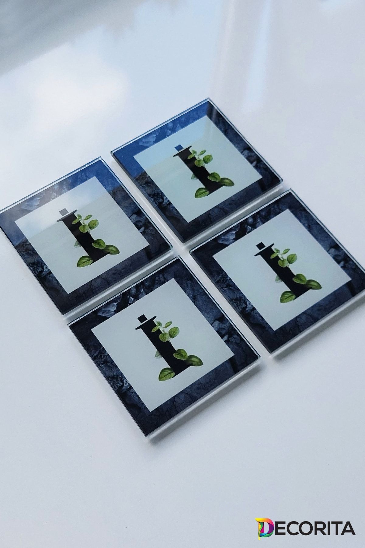 Cam Bardak Altlığı | Harfli Tasarım | 4'lü Takım | I? Harfi | 10cm X 10cm
