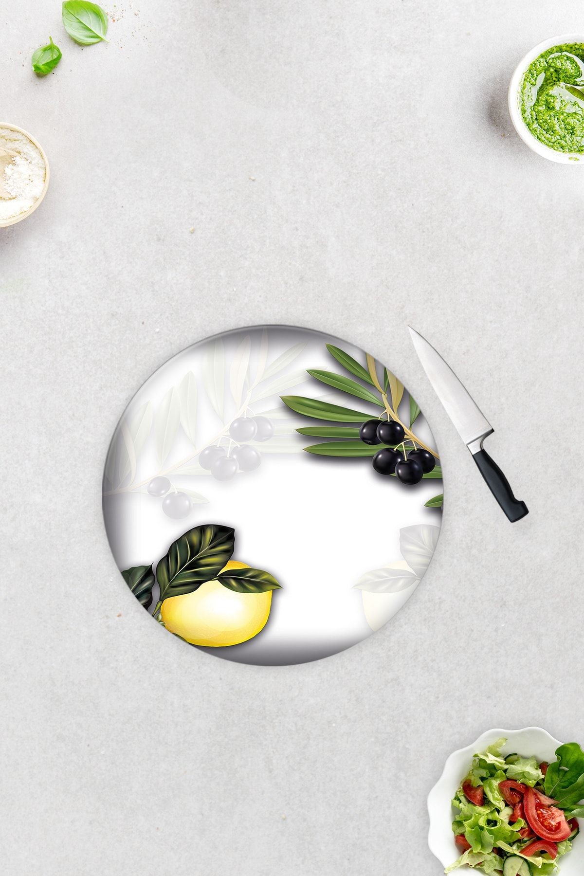 Zeytin Ve Limon Desen | Cam Kesme Tahtası - Cam Kesme Tablası | Çap32 Cm