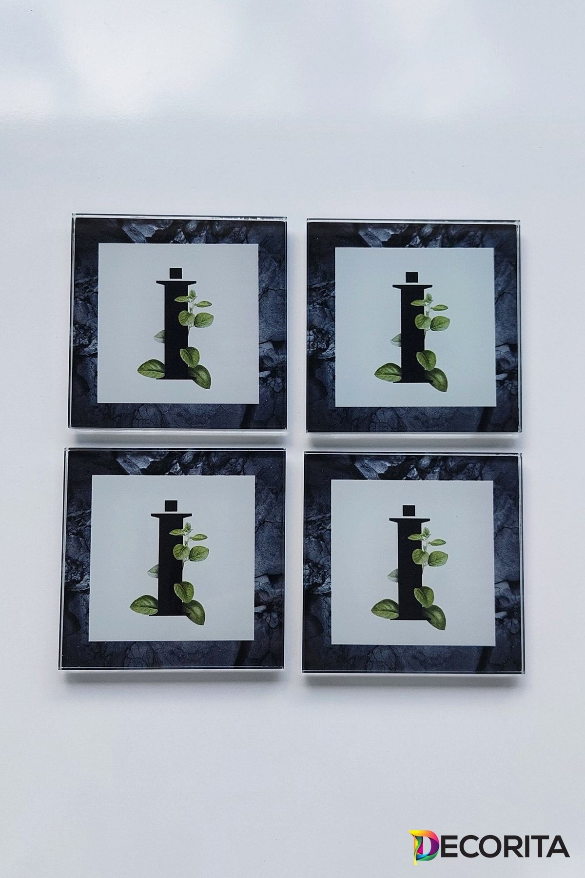 Cam Bardak Altlığı | Harfli Tasarım | 4'lü Takım | I? Harfi | 10cm X 10cm