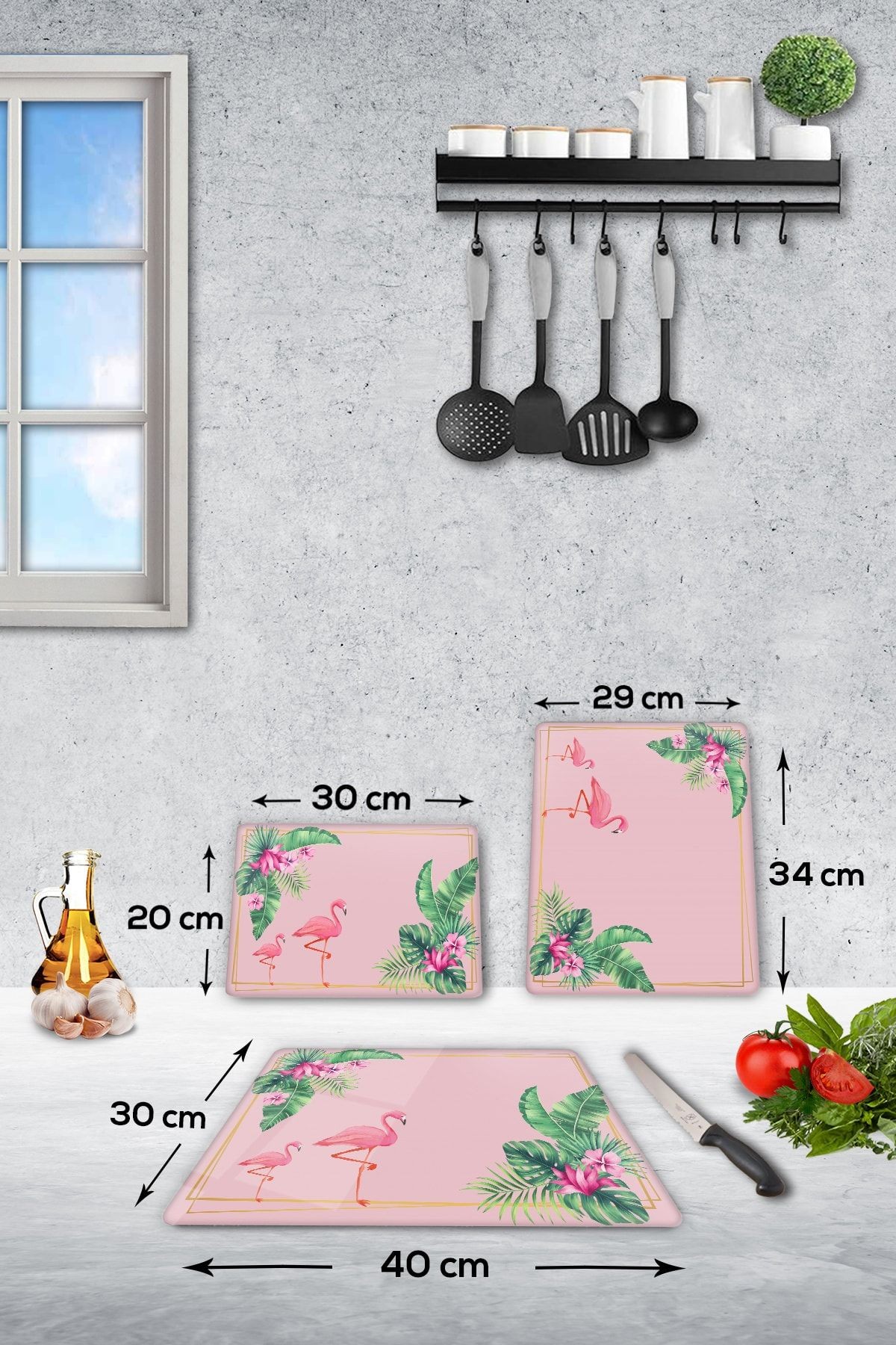 Takım Tropik Flamingo | Cam Kesme Tahtası - Cam Kesme Tablası 3 lü