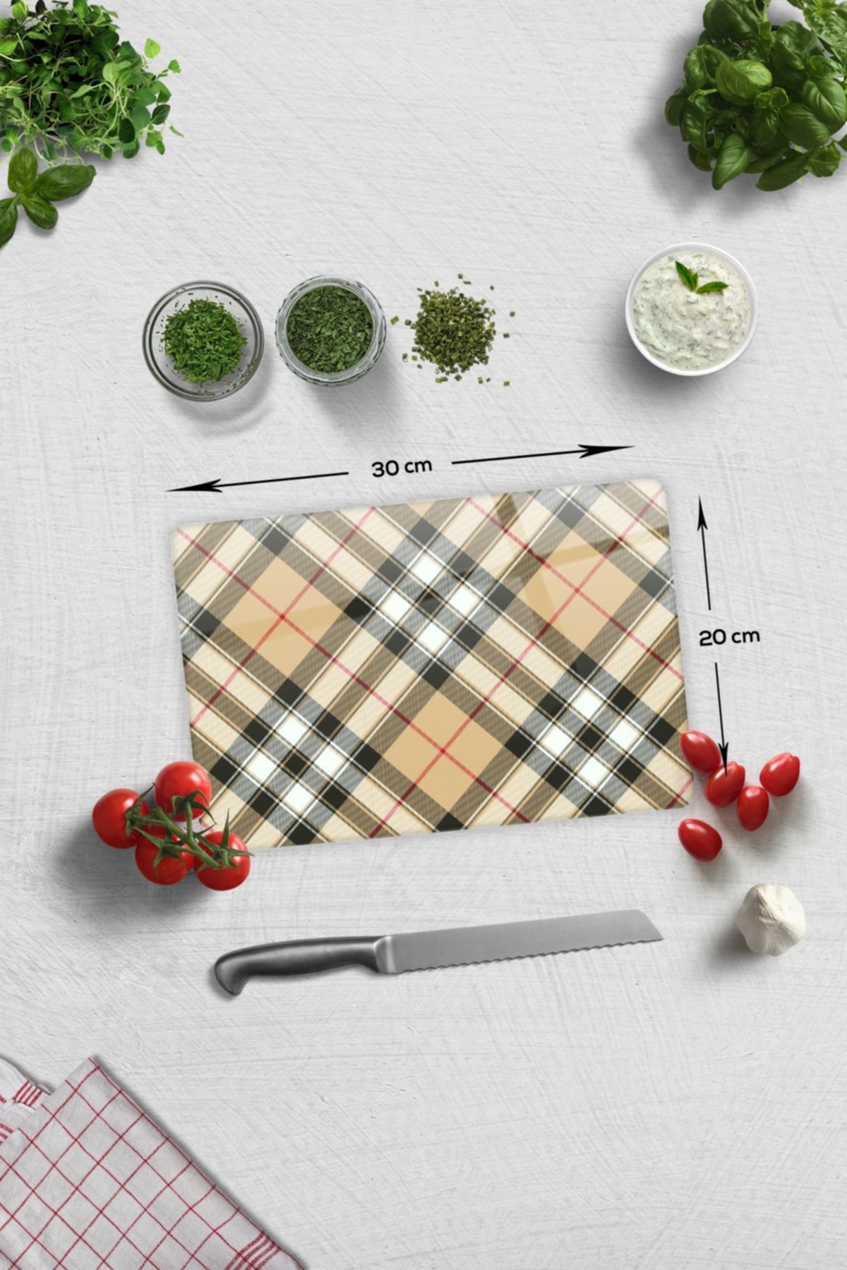 Cam Kesme Tahtası - Cam Kesme Tablası | Krem Ekose Desen | 20cm X 30cm