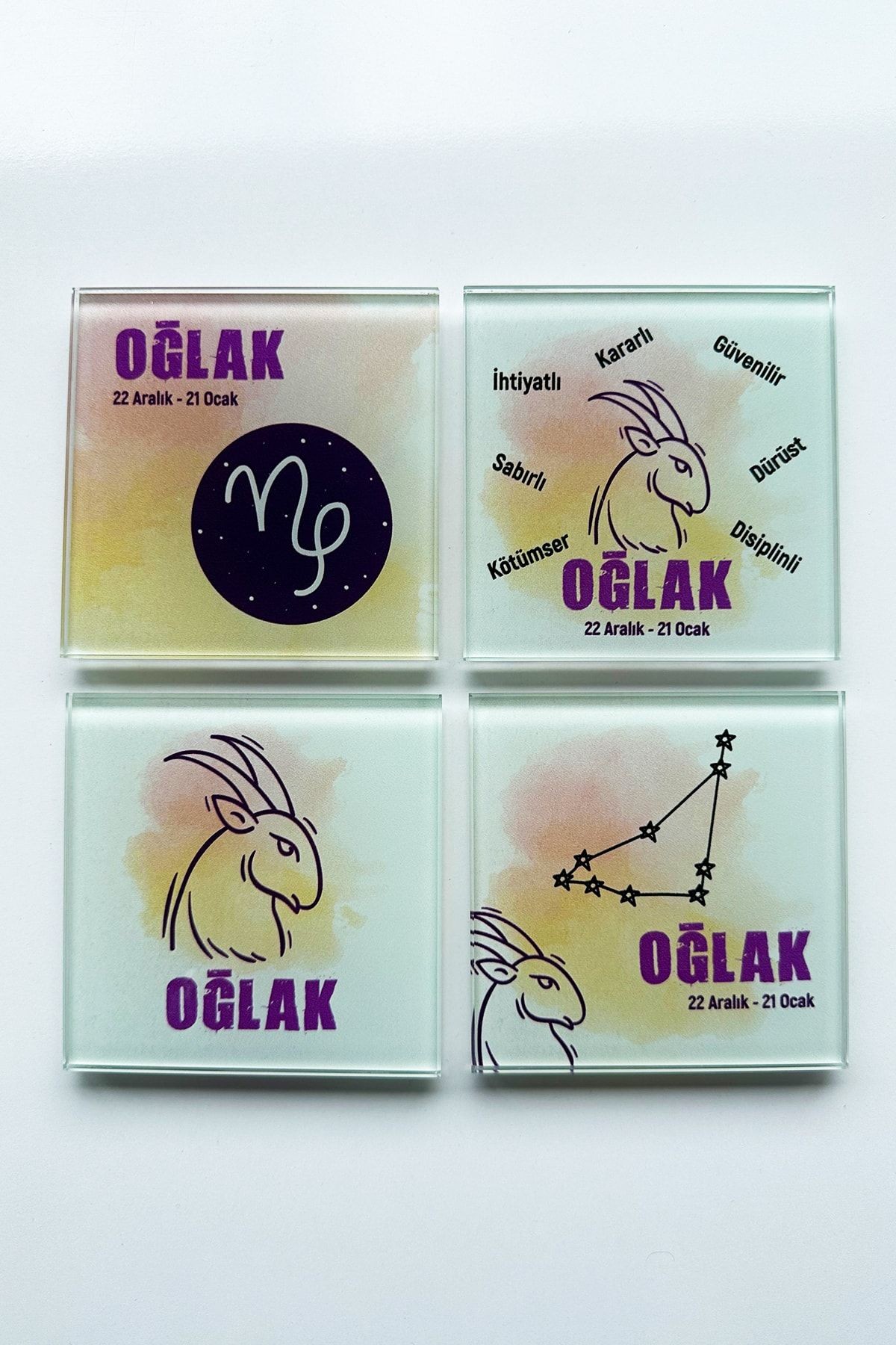 Cam Bardak Altlığı | Burçlar - Oğlak Burcu | 4'lü Takım | 10cm X 10cm