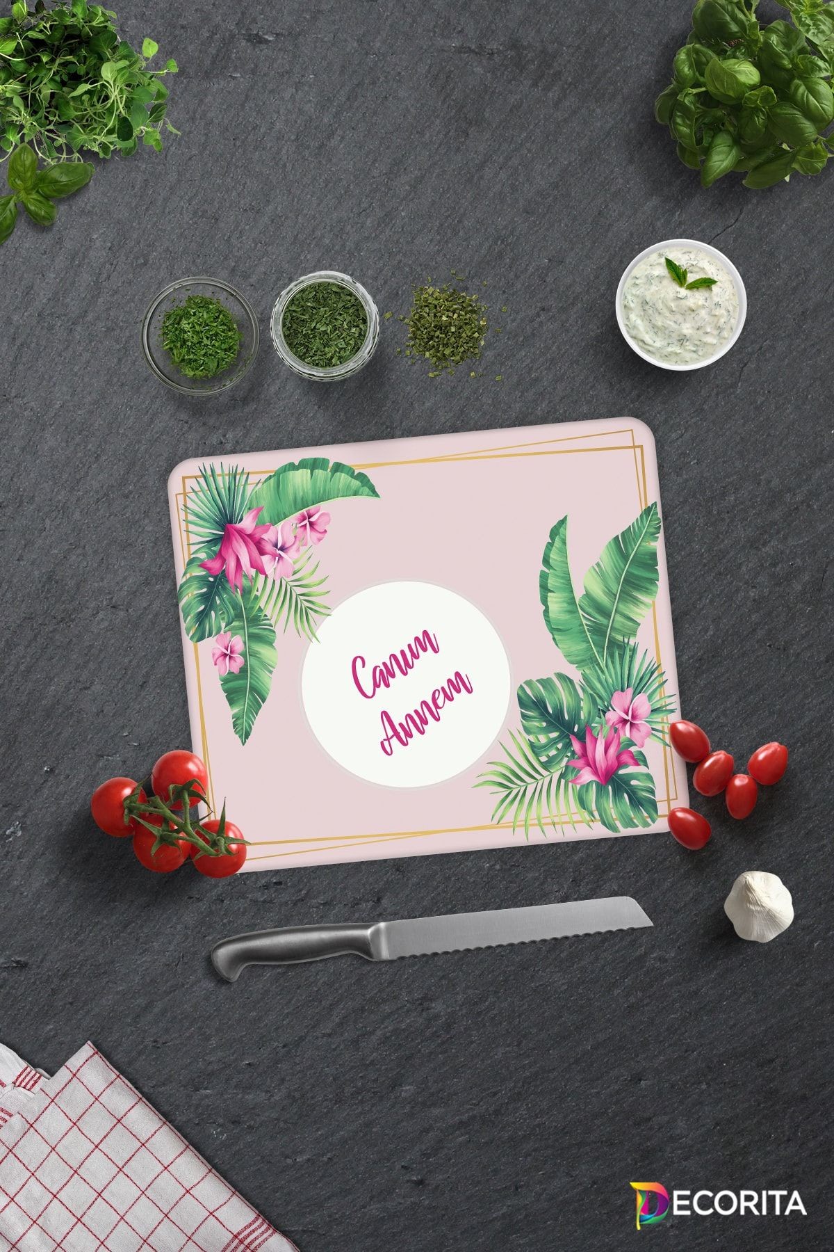 Canım Annem | Tropik Yapraklar Temalı | Cam Kesme Tahtası | 29cm x 34cm
