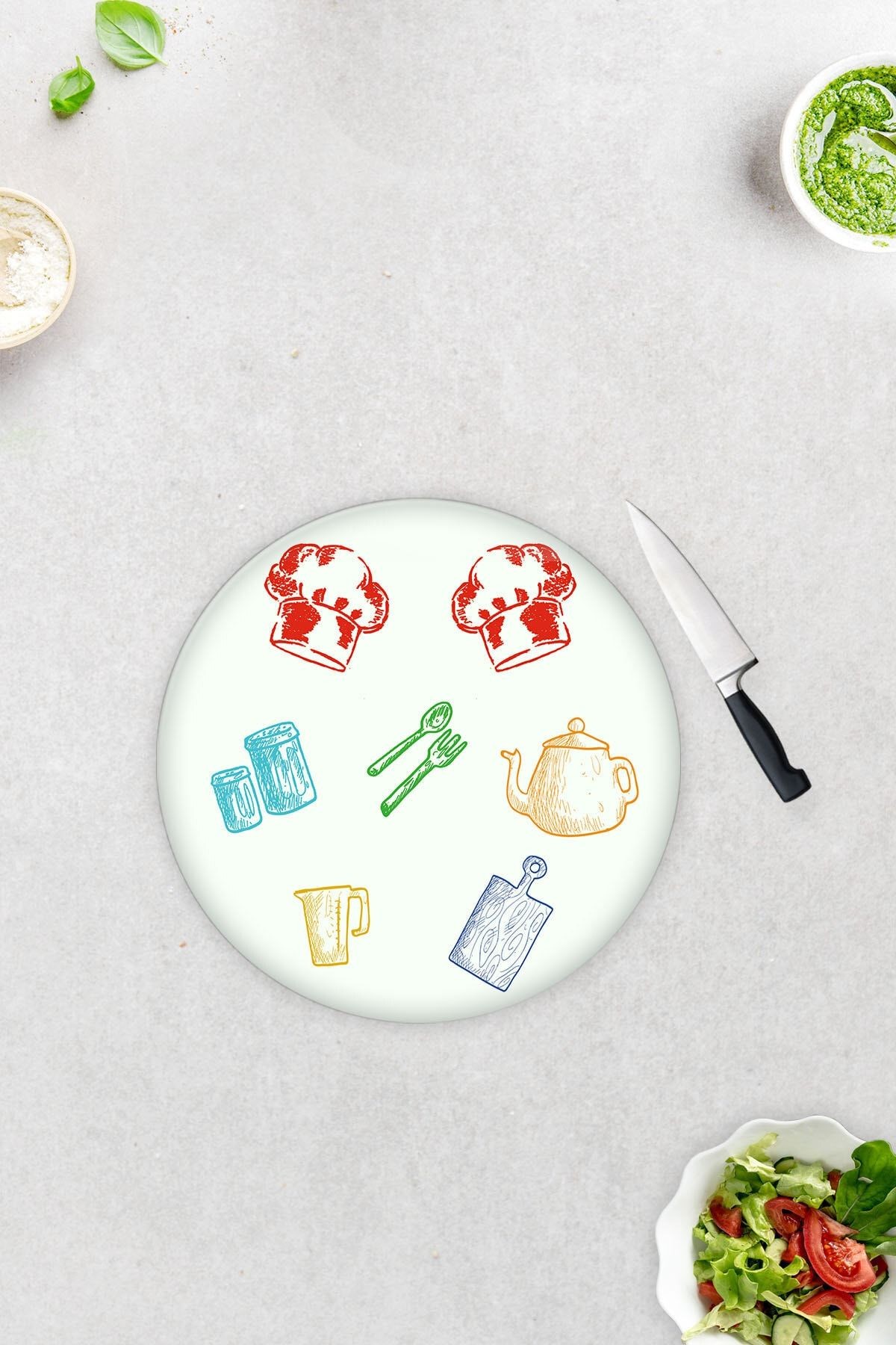 Renkli Tahta | Cam Kesme Tahtası - Cam Kesme Tablası | Beyaz Fon | Çap32 Cm