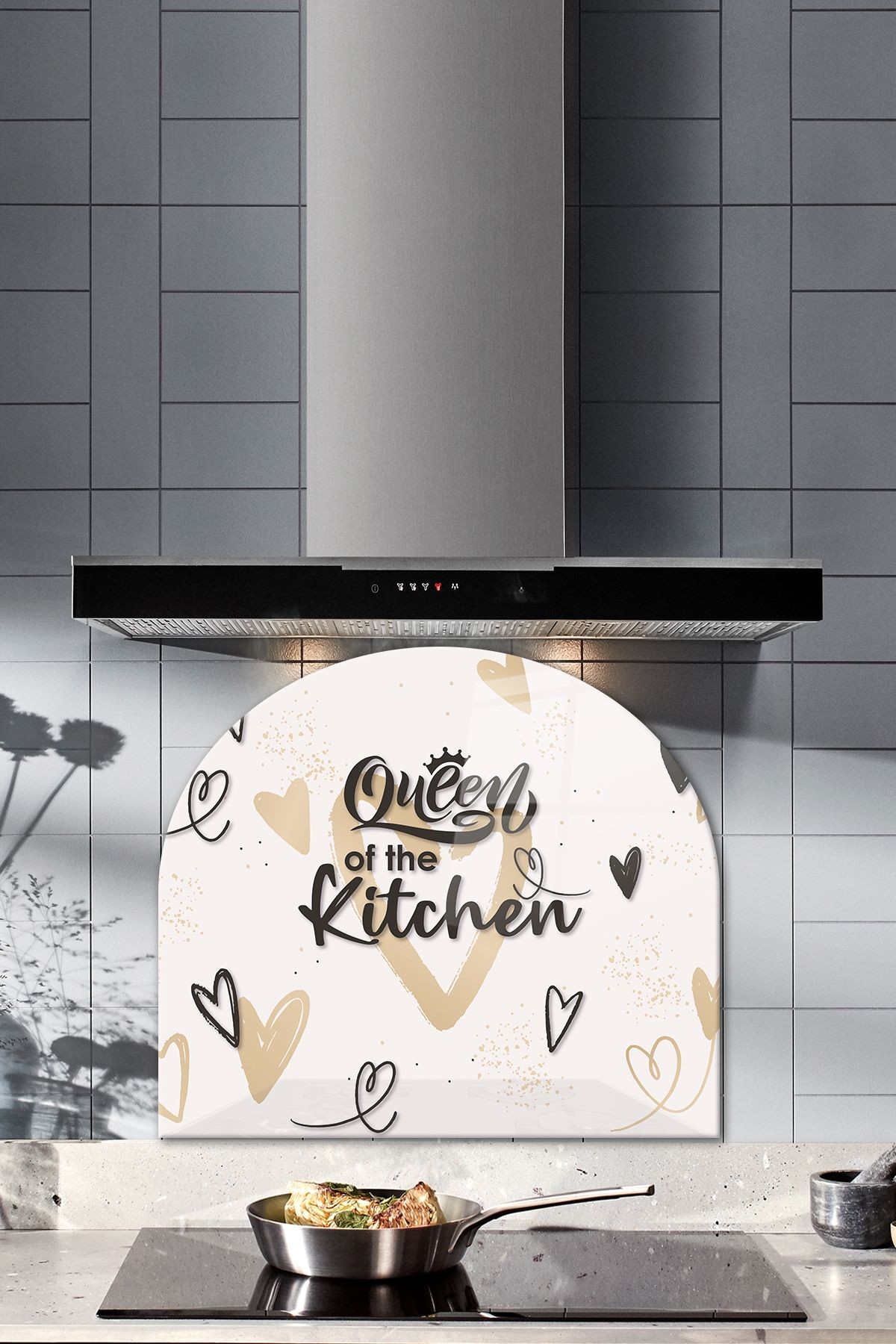 Cam Ocak Arkası Koruyucu | Oval Şekilli | Queen Of The Kitchen - Krem | 52cm X 60cm