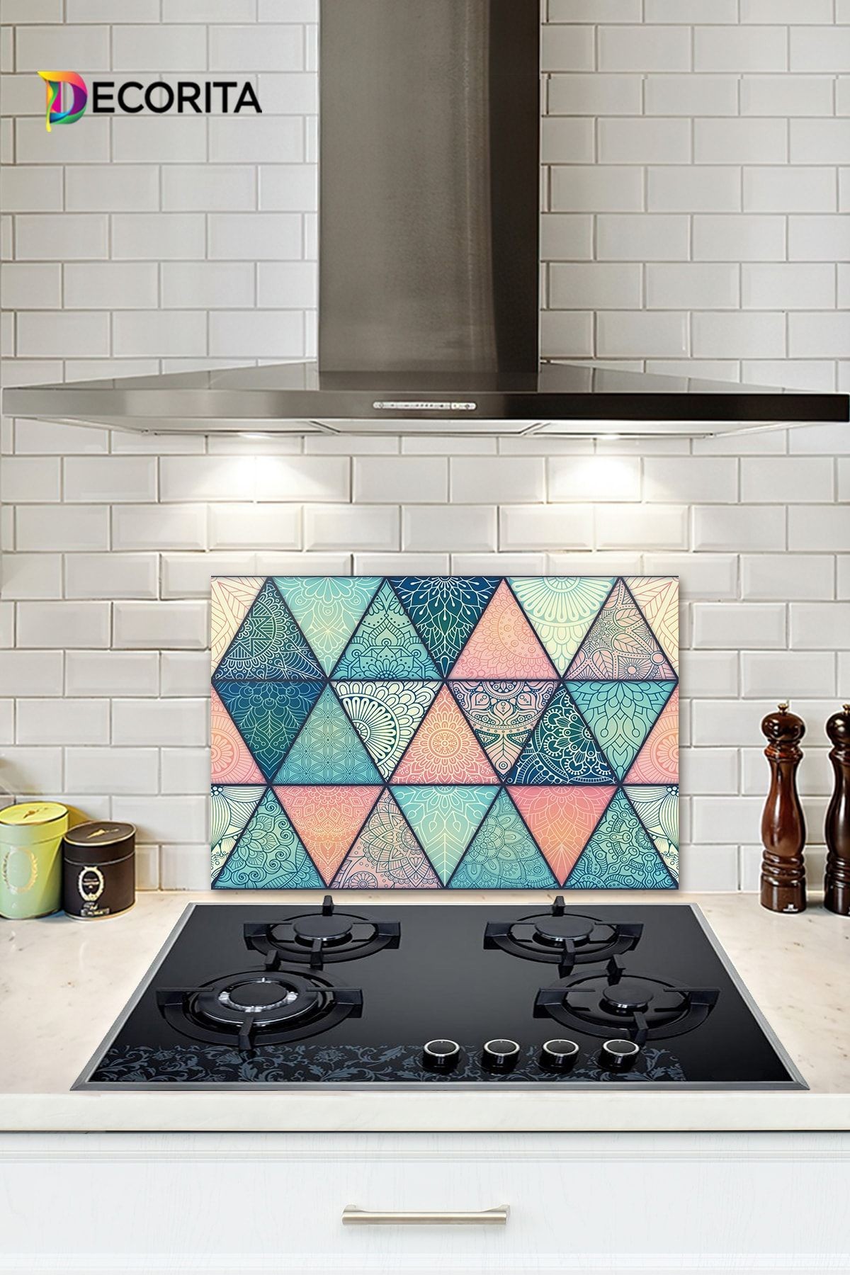 Cam Ocak Arkası Koruyucu | Renkli Mandala Desenli | 52cm X 60cm