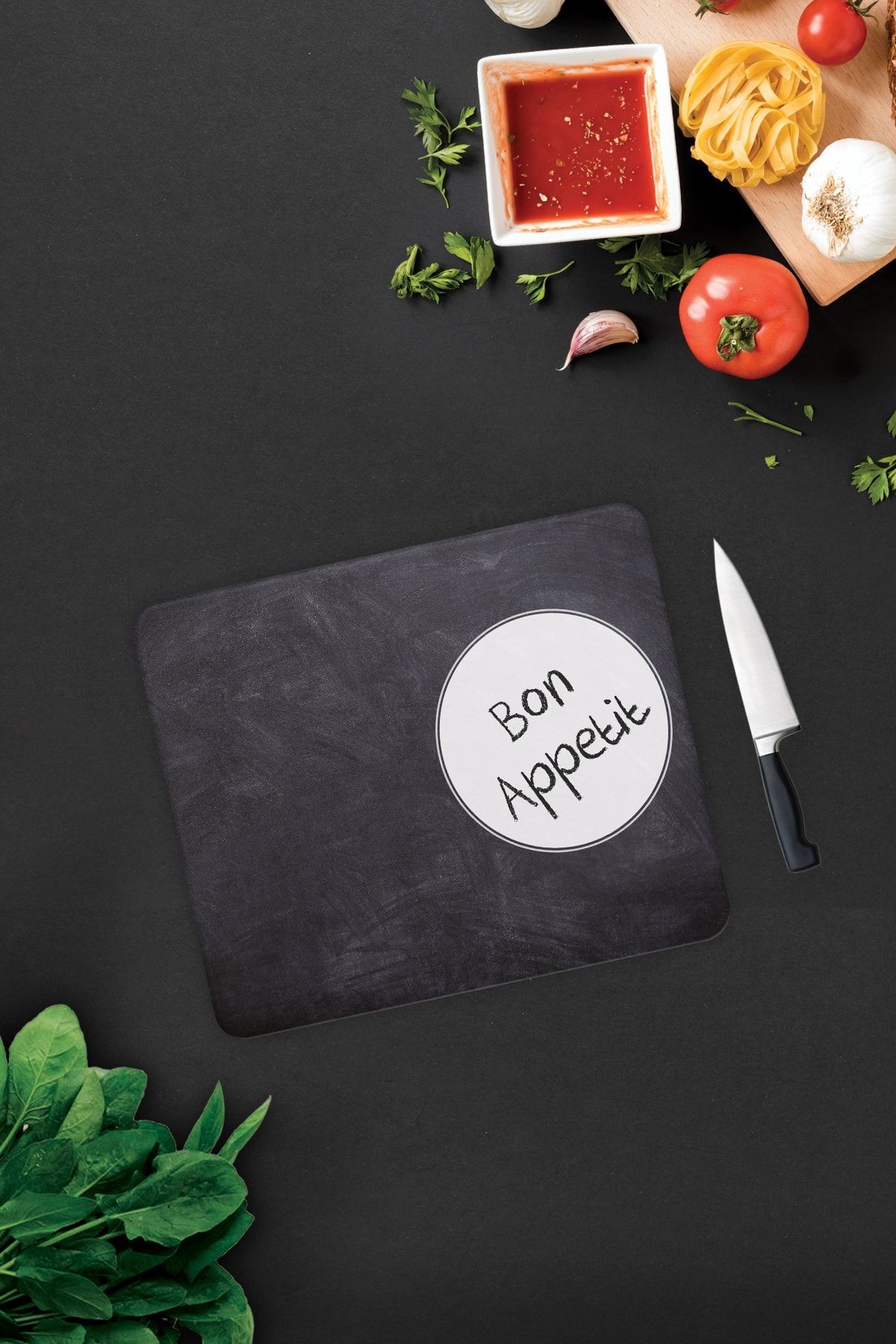 Bon Appetit | Karatahta Görünümlü |Cam Kesme Tahtası -  Cam Kesme Tablası | 29cm x 34cm