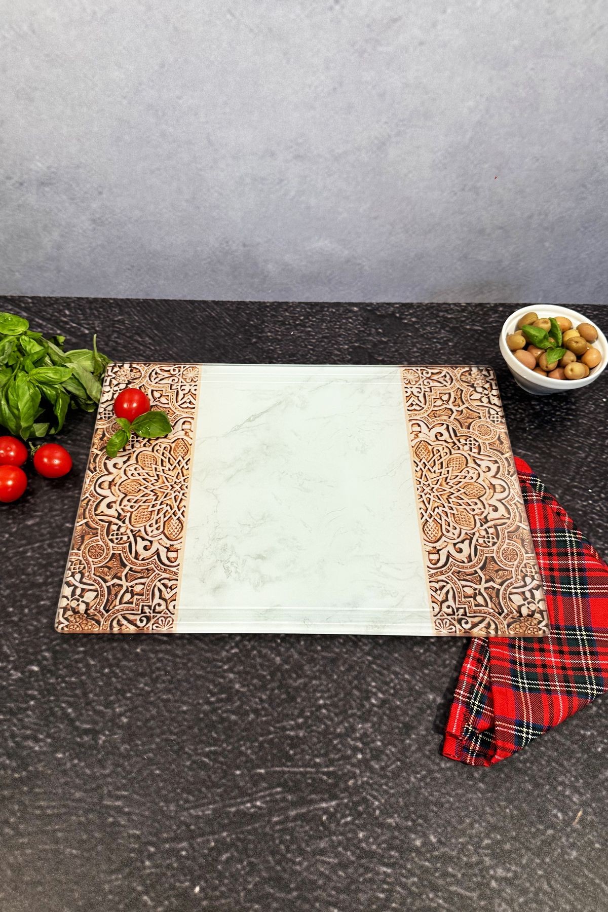 Kanallı Cam Kesme Tahtası - Cam Kesme Tablası | Arabesk Desen | 25cm x 35cm | Patentli Ürün