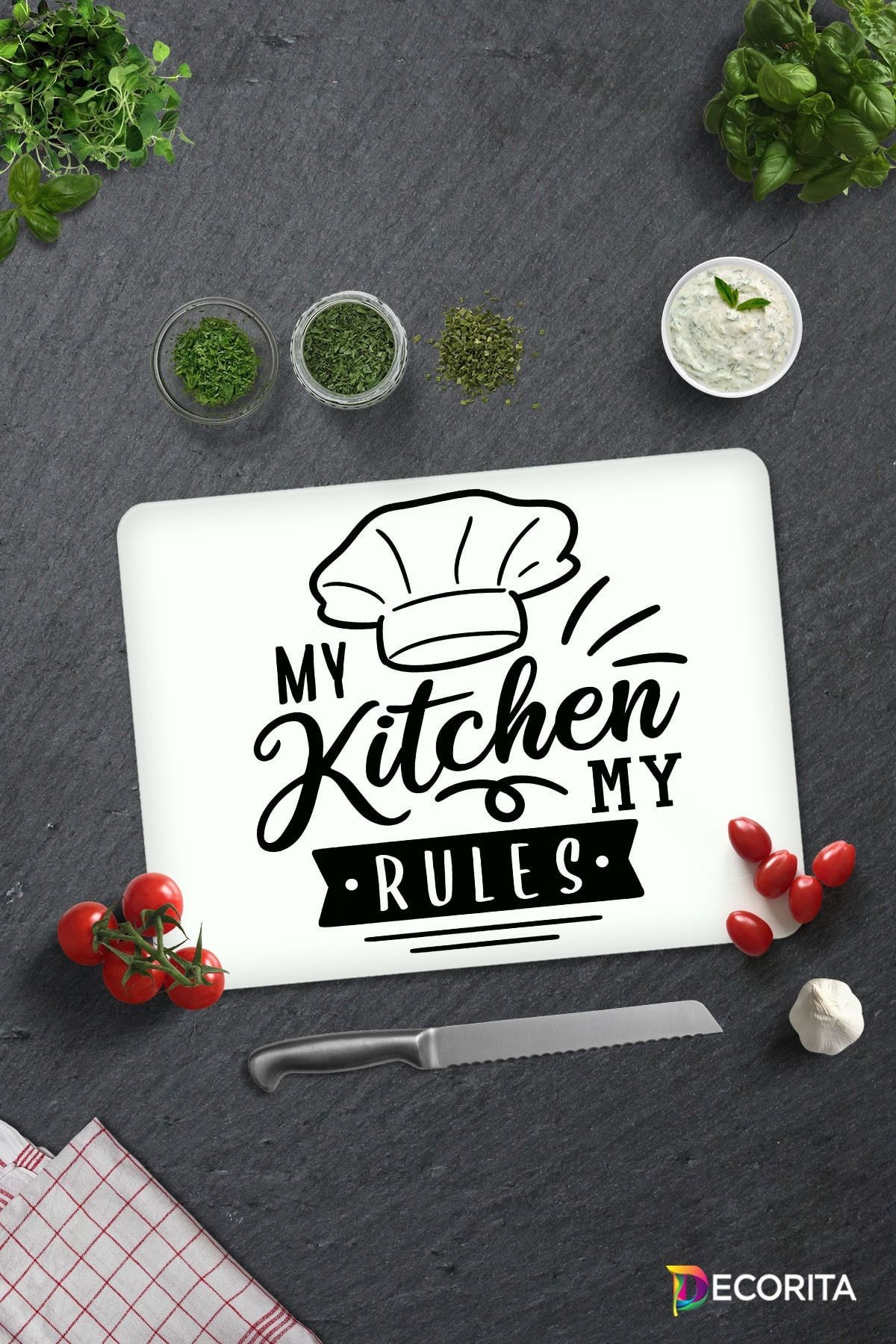 Beyaz Fon My Kitchen My Rules | Cam Kesme Tahtası - Cam Kesme Tablası | 30cm x 40cm