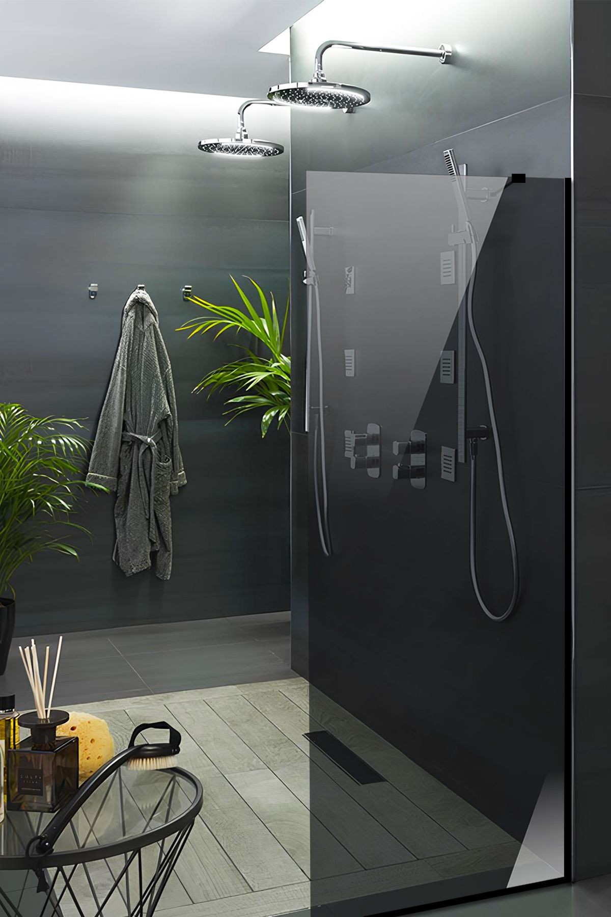 Cam Duşakabin Seperatör - Sabit Panel | Füme Cam | Siyah Profil | 70cm X 190cm