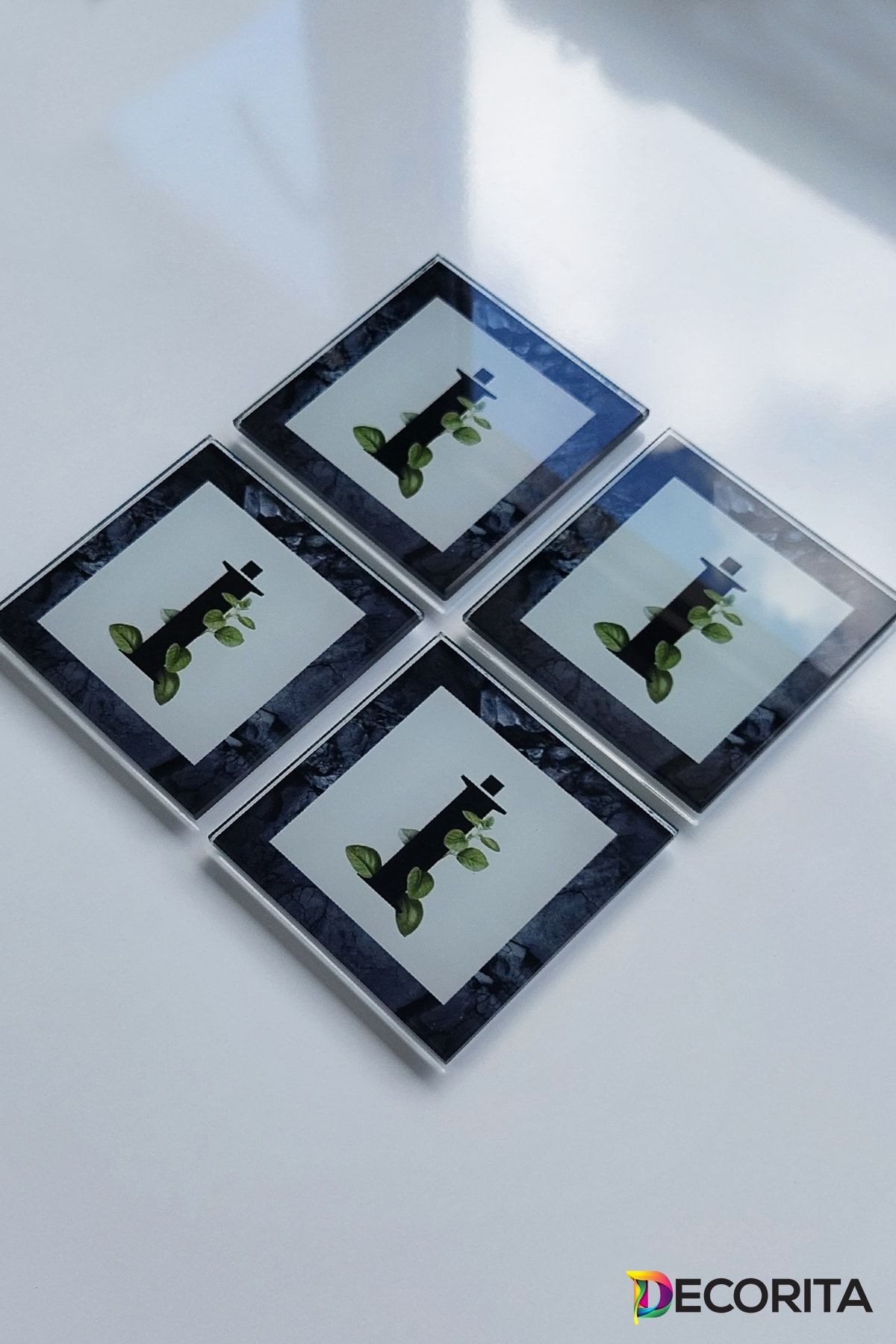 Cam Bardak Altlığı | Harfli Tasarım | 4'lü Takım | I? Harfi | 10cm X 10cm