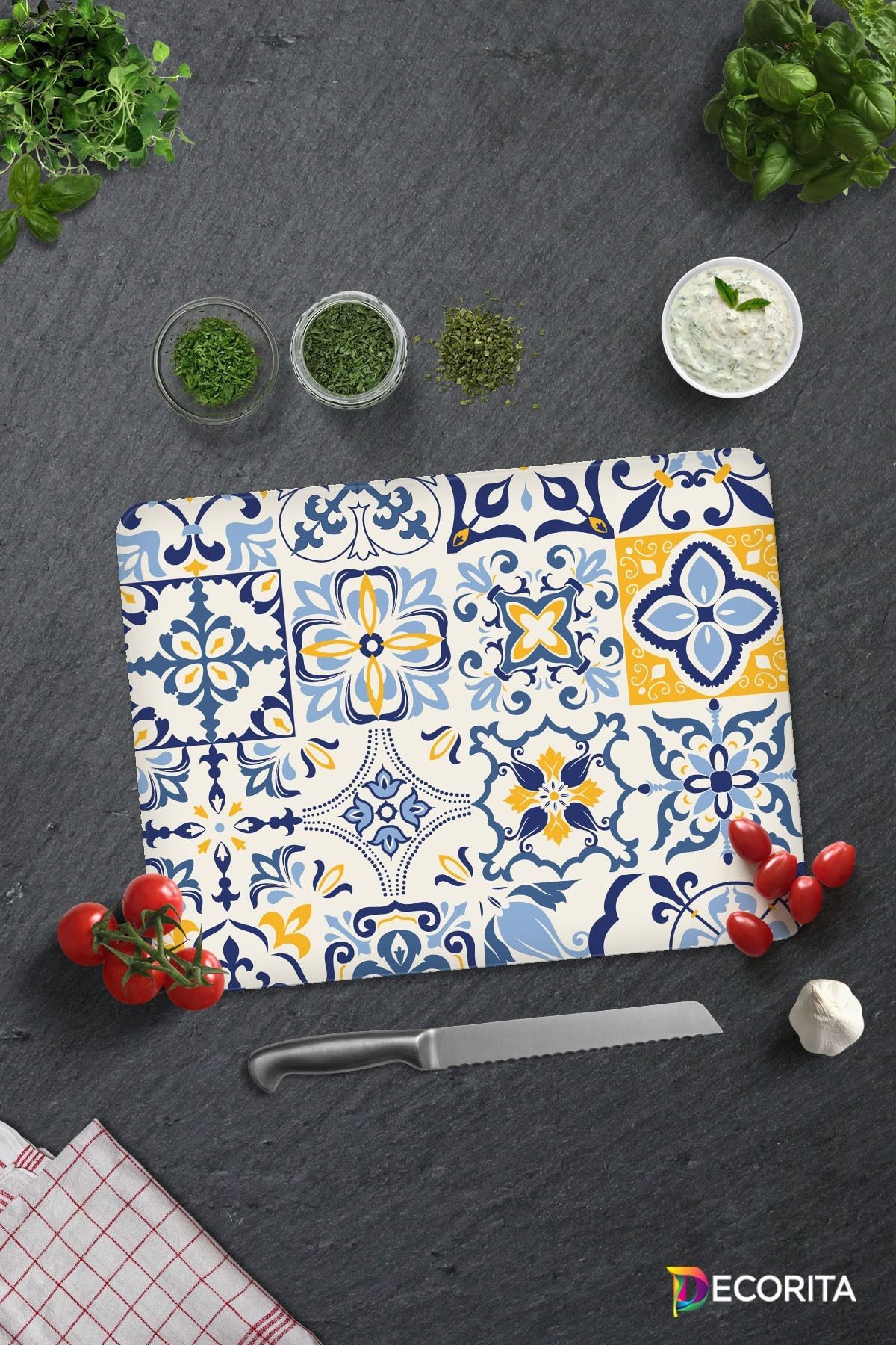 Mavi Çini Desen | Cam Kesme Tahtası - Cam Kesme Tablası | 30cm X 40cm