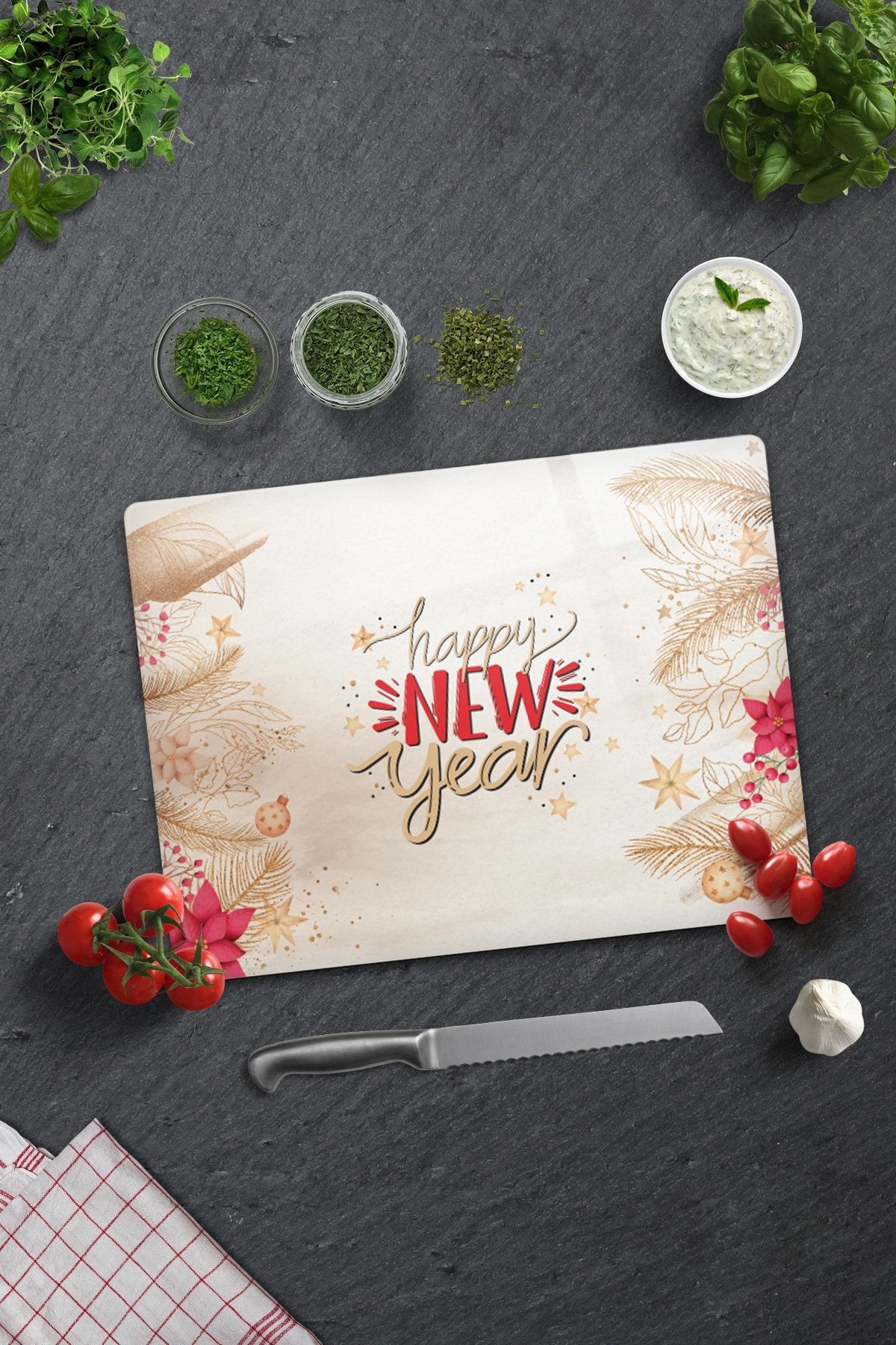 Cam Kesme Tahtası - Cam Kesme Tablası | Happy New Year - Gold | 30cm X 40cm
