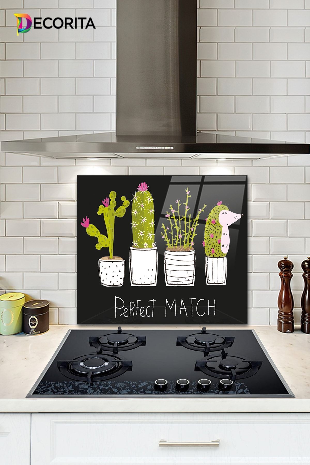 Cam Ocak Arkası Koruyucu | Perfect Match - Siyah Fon | 52cm X 60cm