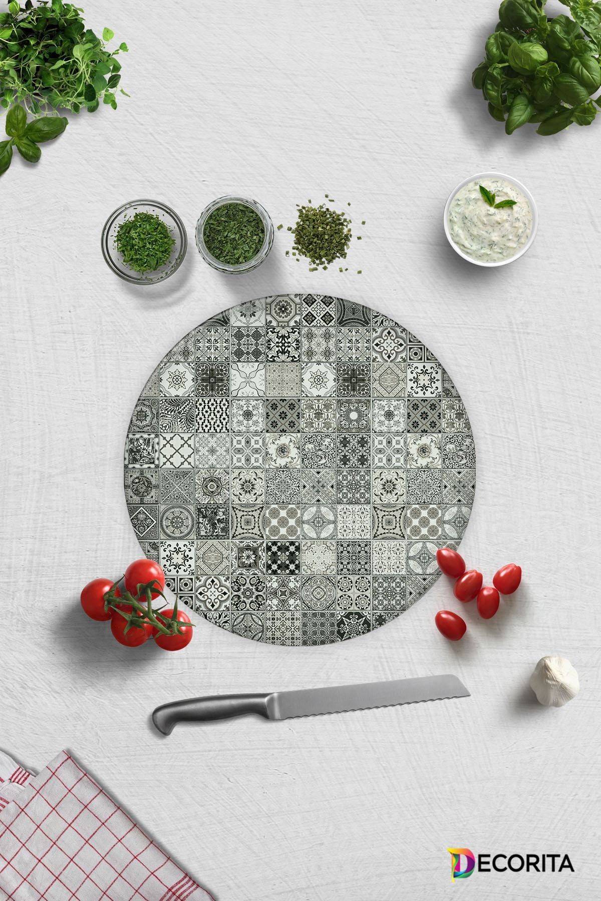 Karakalem Çizim | Cam Kesme Tahtası - Cam Kesme Tablası | Daire Çap 32cm