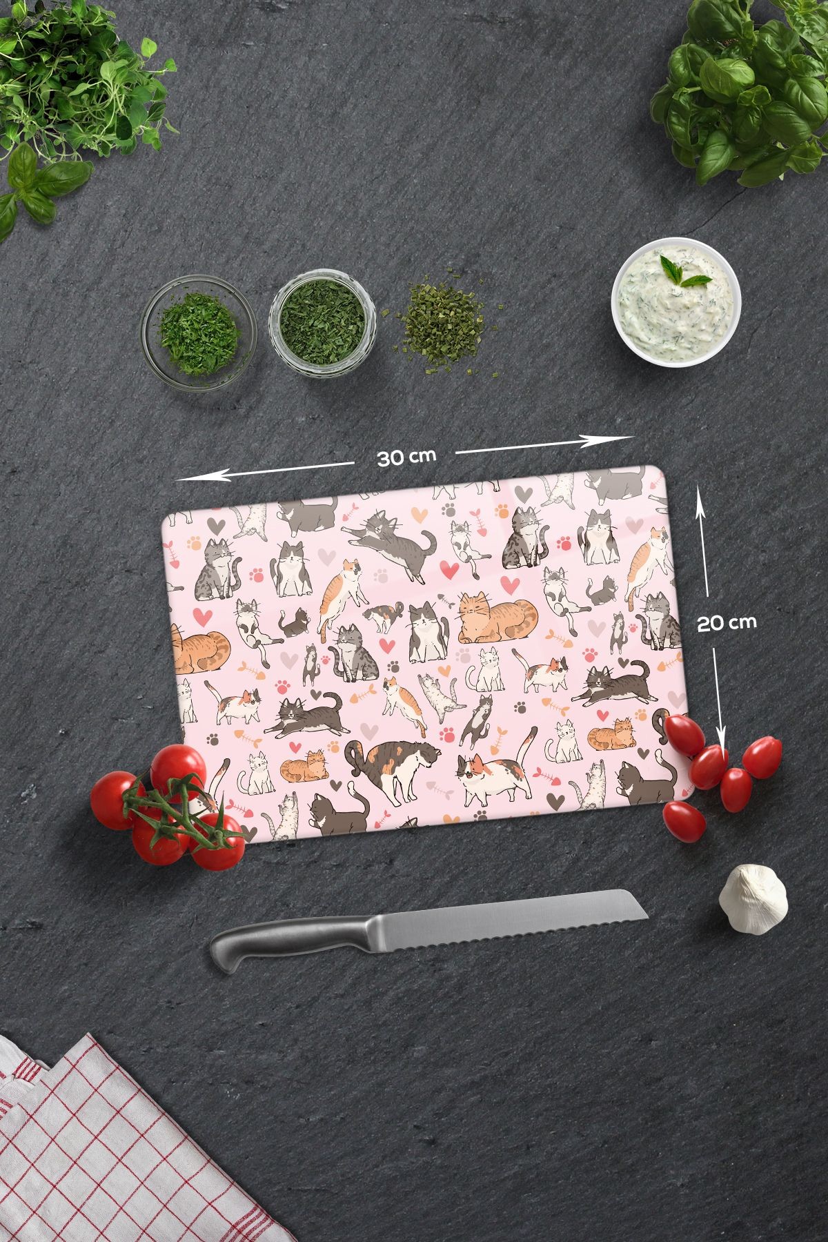 Cam Kesme Tahtası - Cam Kesme Tablası | Kedi Desenli | 20cm x 30cm
