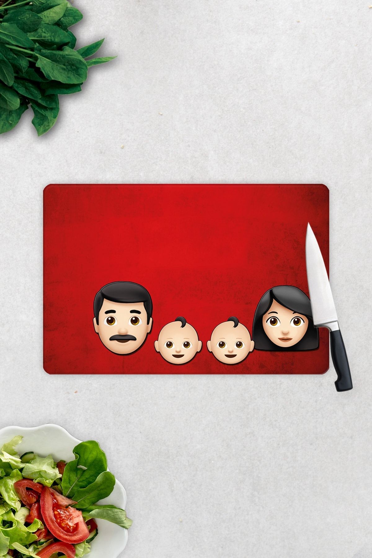 Emoji Ailesi Anne & Baba & Çocuklar | Cam Kesme Tahtası - Cam Kesme Tablası | 20cm X 30cm