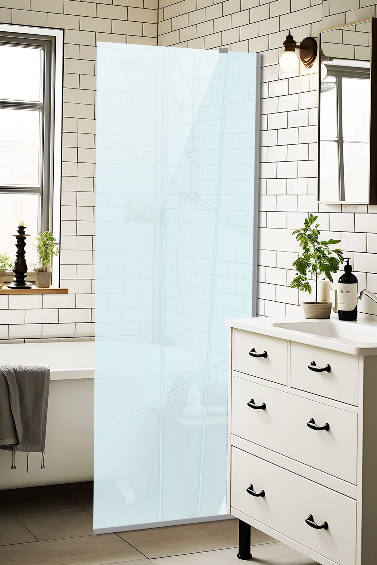 Cam Duşakabin Seperatör - Sabit Panel | Satina Cam - Kanallı | Metalik Parlak Profil | 70cm x 190cm