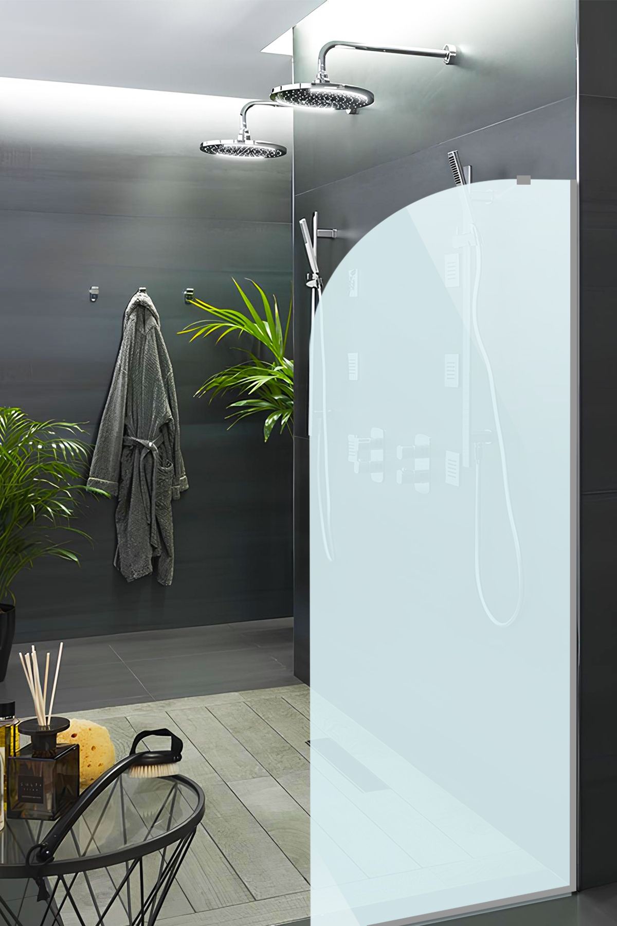 Cam Duşakabin Seperatör - Sabit Panel | Satina Cam - Şekilli | Metalik Parlak Profil | 70cm X 190cm