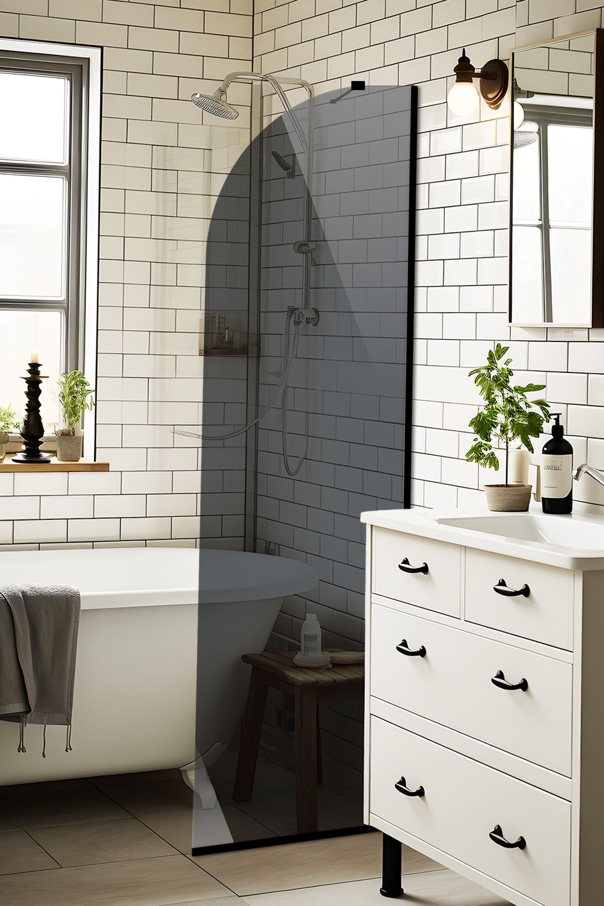 Cam Duşakabin Seperatör - Sabit Panel | Füme Cam - Şekilli | Siyah Profil | 55cm x 190cm