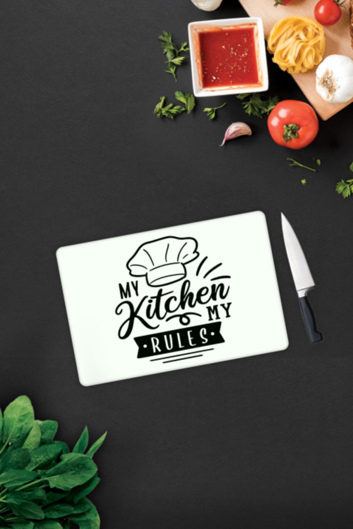 My Kitchen My Rules | Cam Kesme Tahtası - Cam Kesme Tablası | Beyaz Fon | 20cm x 30cm