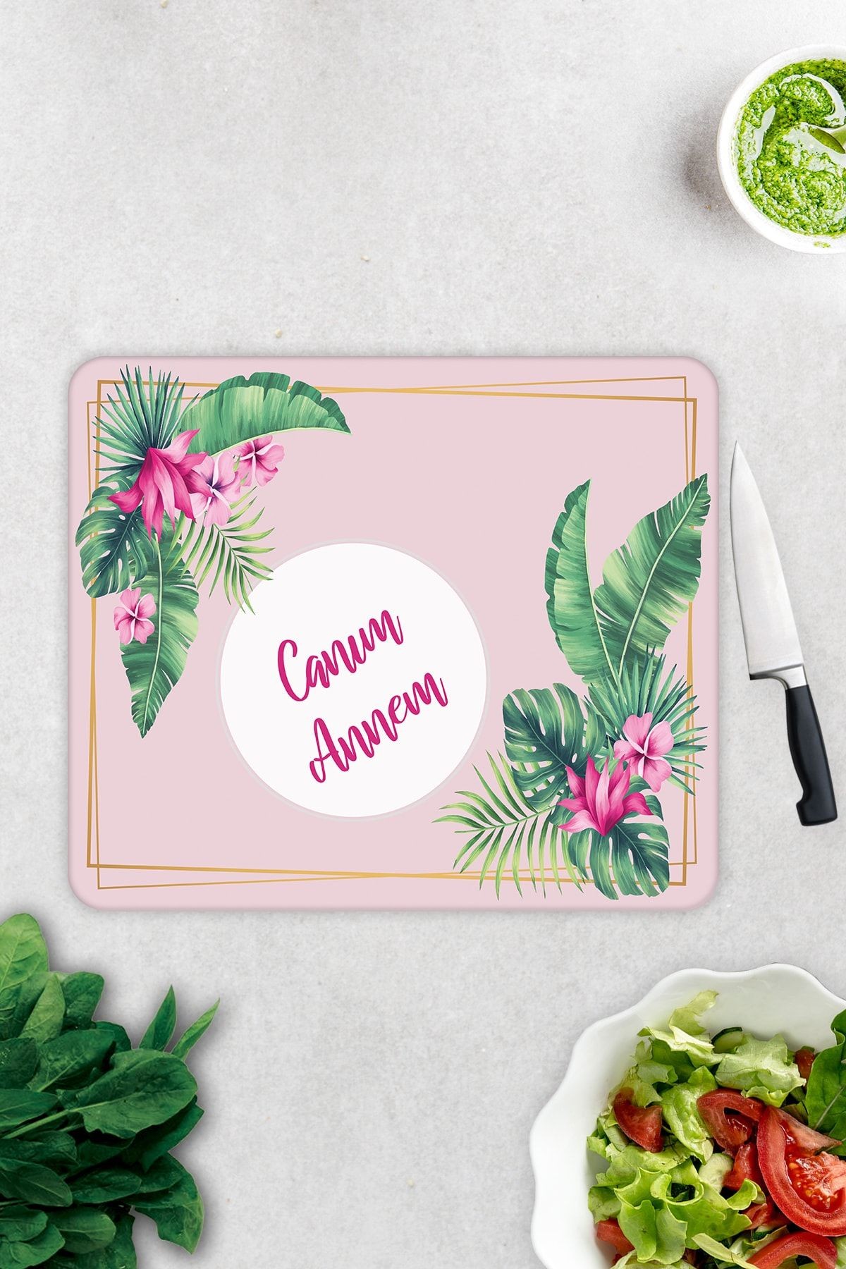 Canım Annem | Tropik Yapraklar Temalı | Cam Kesme Tahtası | 29cm x 34cm