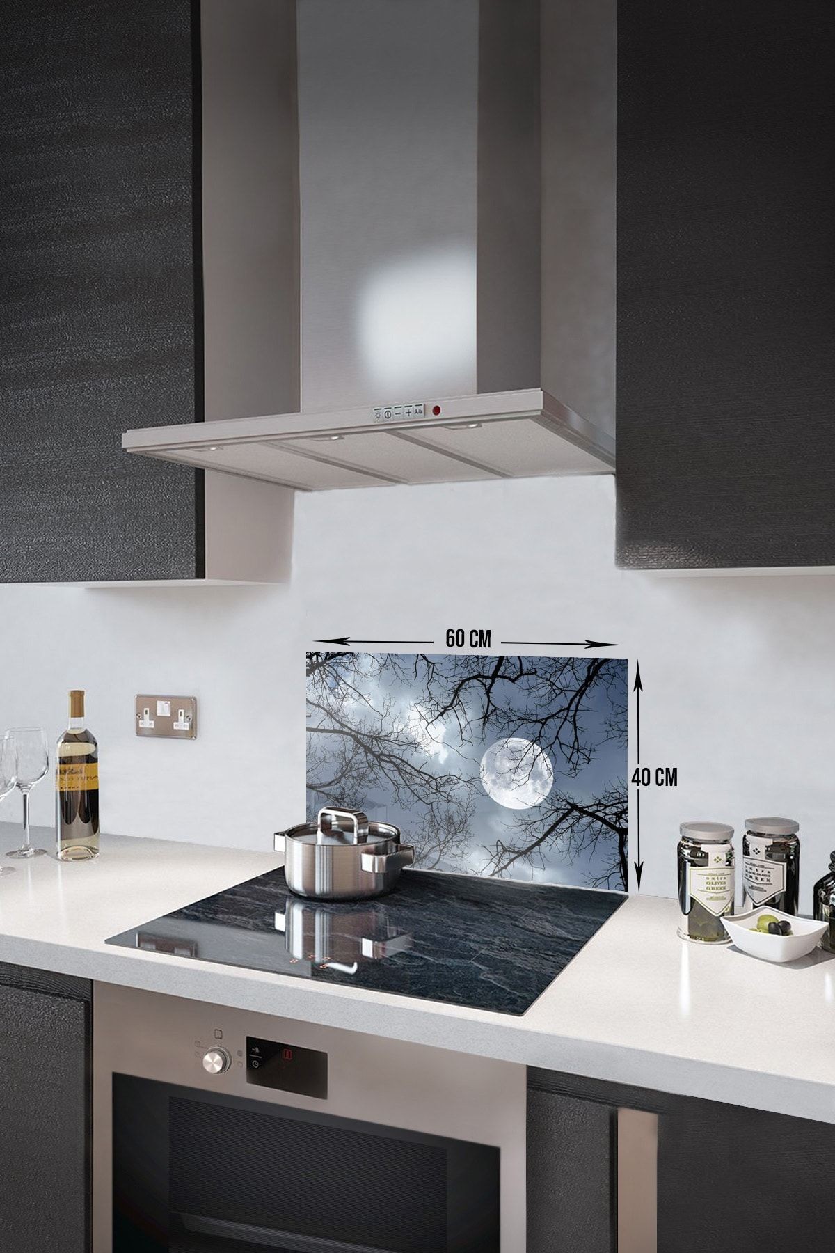 Cam Ocak Arkası Koruyucu | Gece Desen | 40cm X 60cm