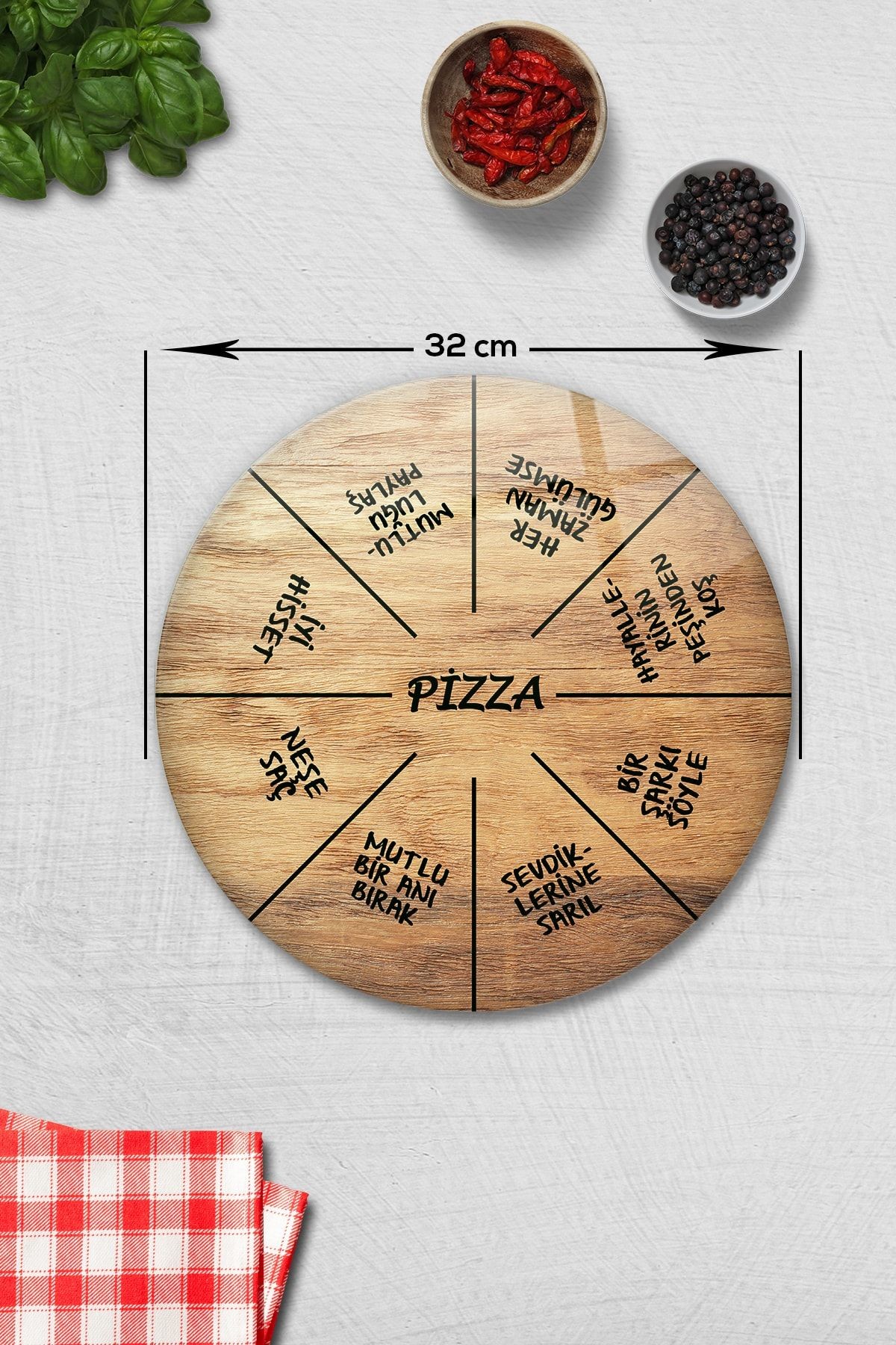 Pizza Servis Tabağı | Ahşap Görünümlü | Mottolu Pizza Tabağı | Çap 32cm