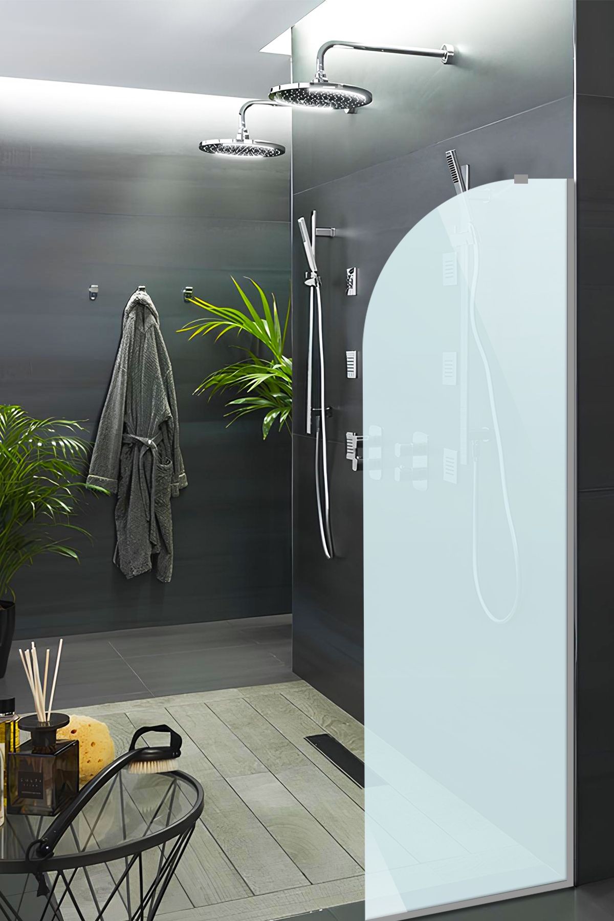 Cam Duşakabin Seperatör - Sabit Panel | Satina Cam - Şekilli | Metalik Parlak Profil | 55cm x 190cm