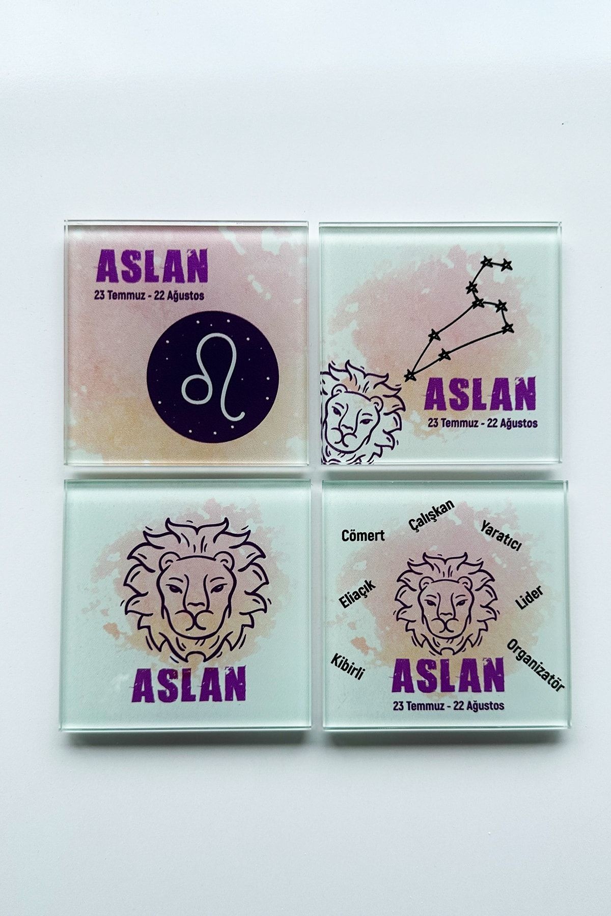 Cam Bardak Altlığı | Burçlar - Aslan Burcu | 4'lü Takım | 10cm X 10cm