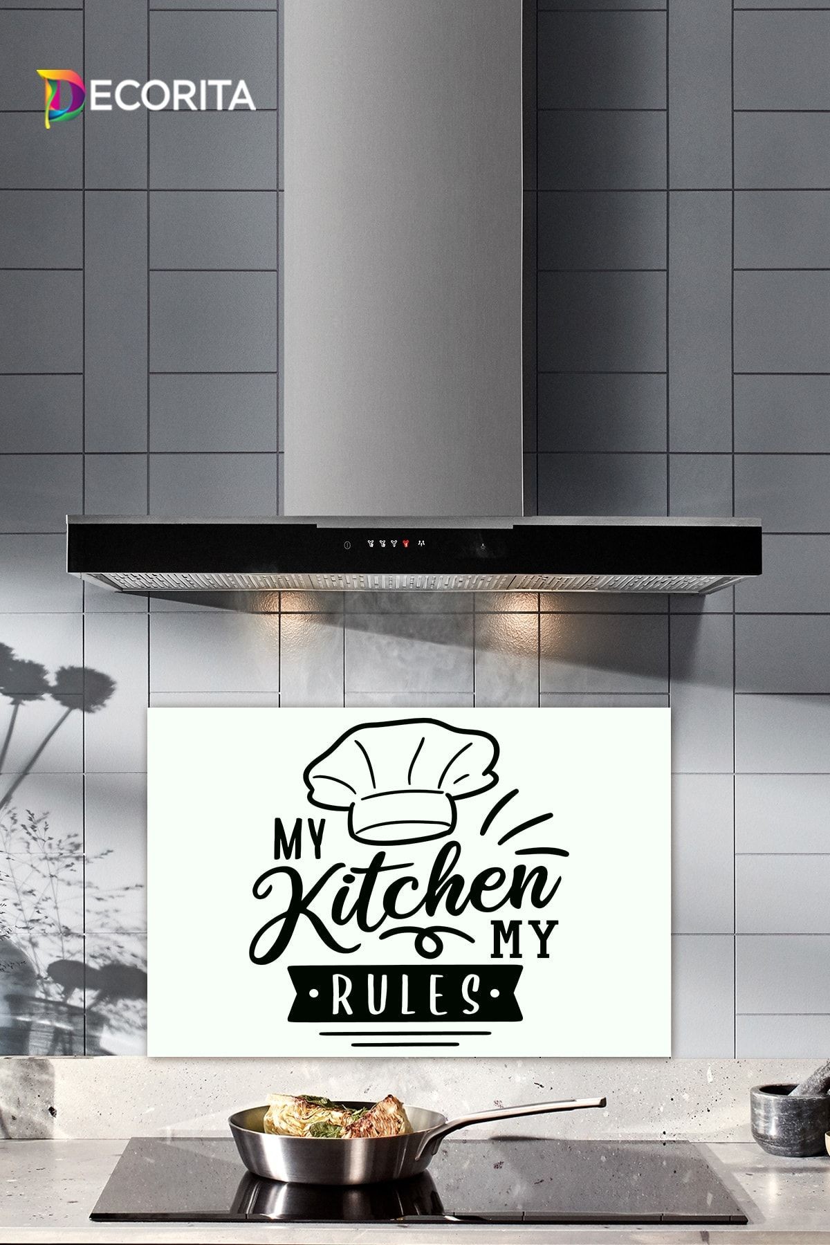 Cam Ocak Arkası Koruyucu | Beyaz Fon - My Kitchen My Rules | 40cm X 60cm