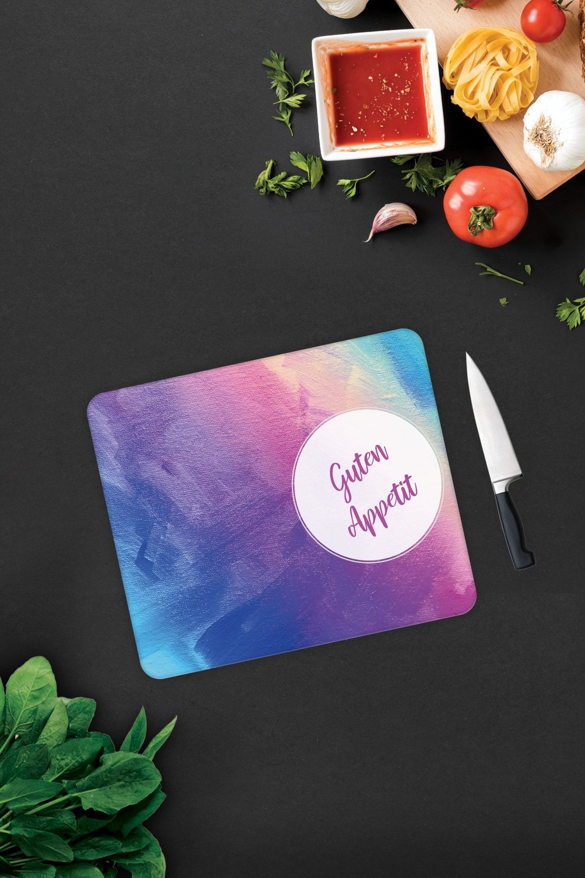 Guten Appetit | Renkli Tuval | Cam Kesme Tahtası - Cam Kesme Tablası | 29cm X 34cm