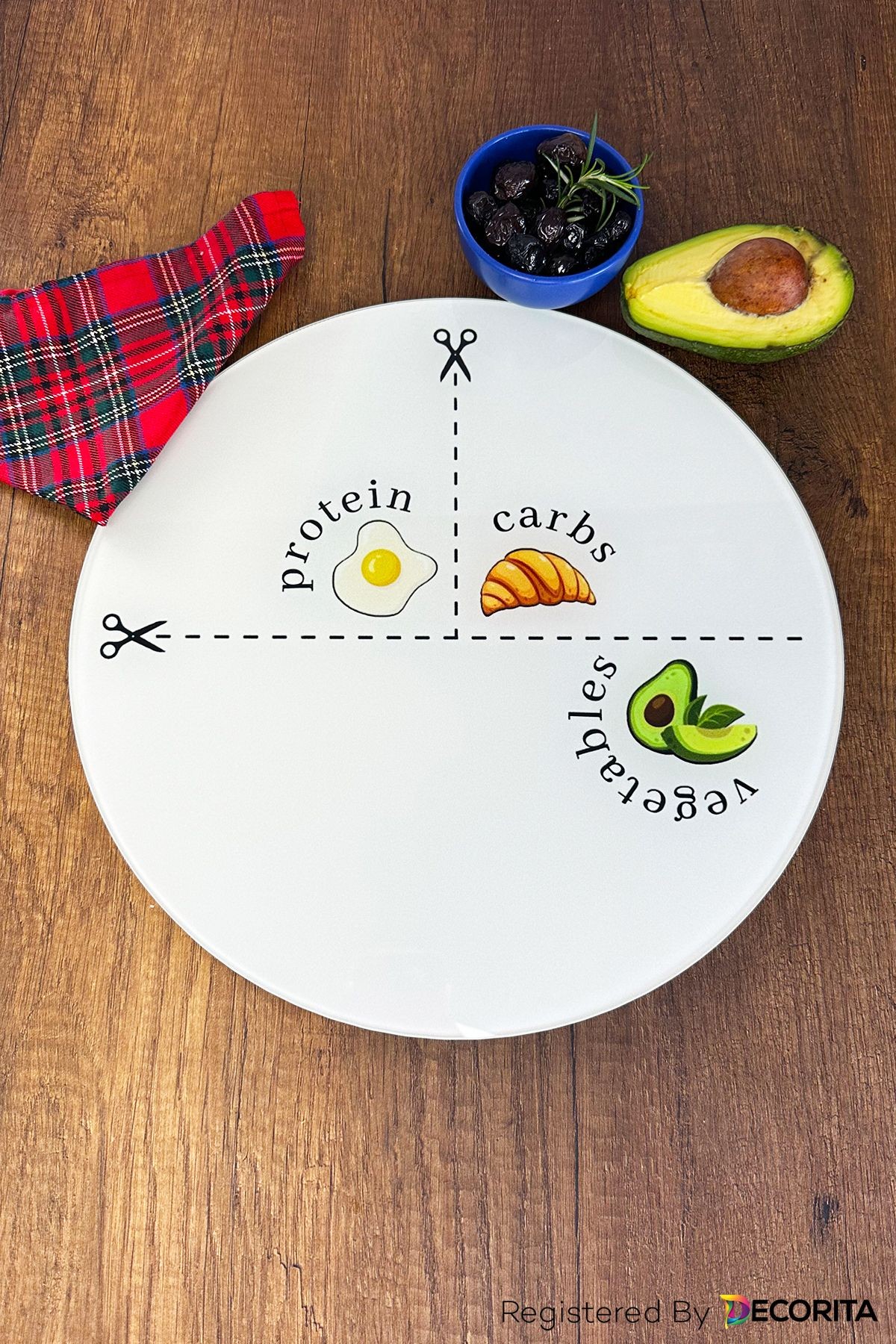 Cam Diyet Tabağı | Cam Sunum Tabağı | Porsiyon Tabağı - Avokado Görselli | Çap32cm