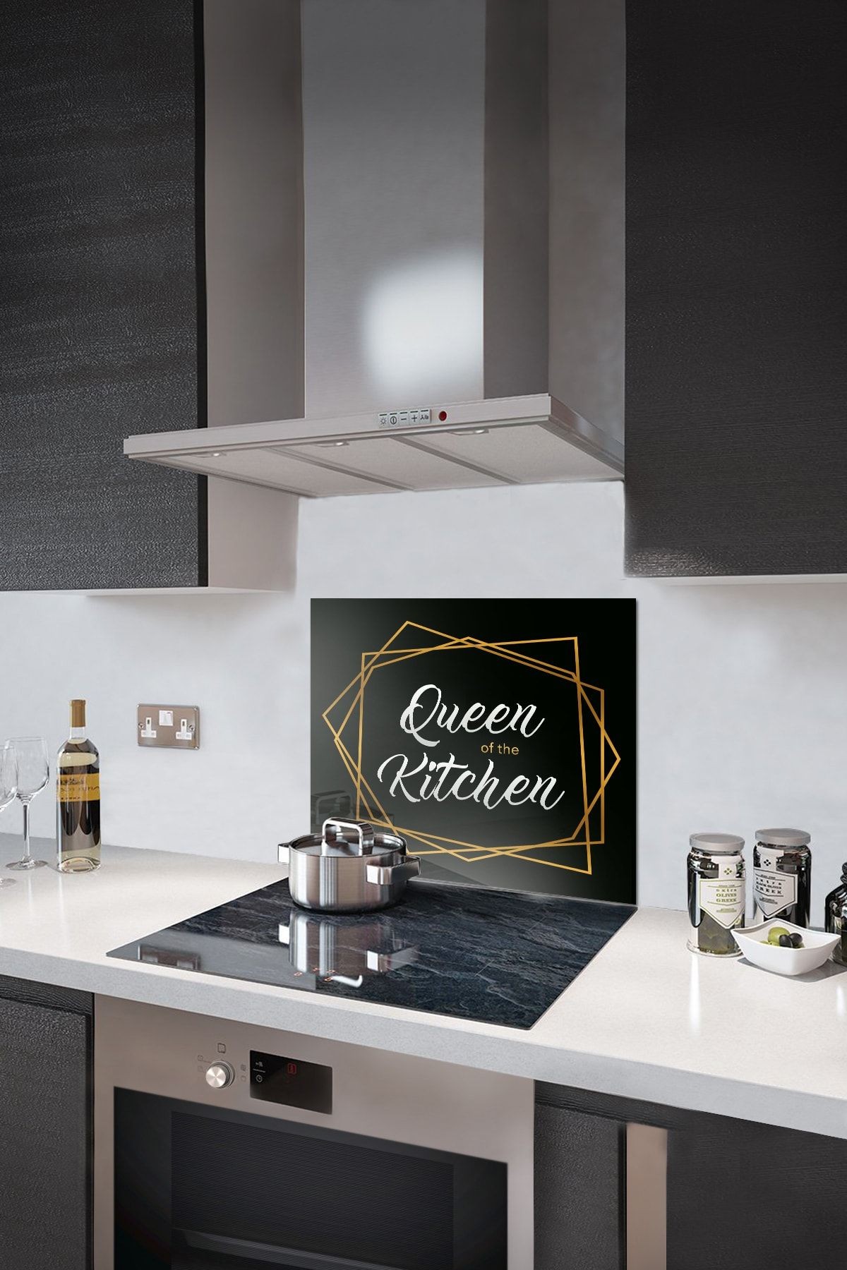 Cam Ocak Arkası Koruyucu | Queen Of The Kitchen - Siyah | 52cm X 60cm