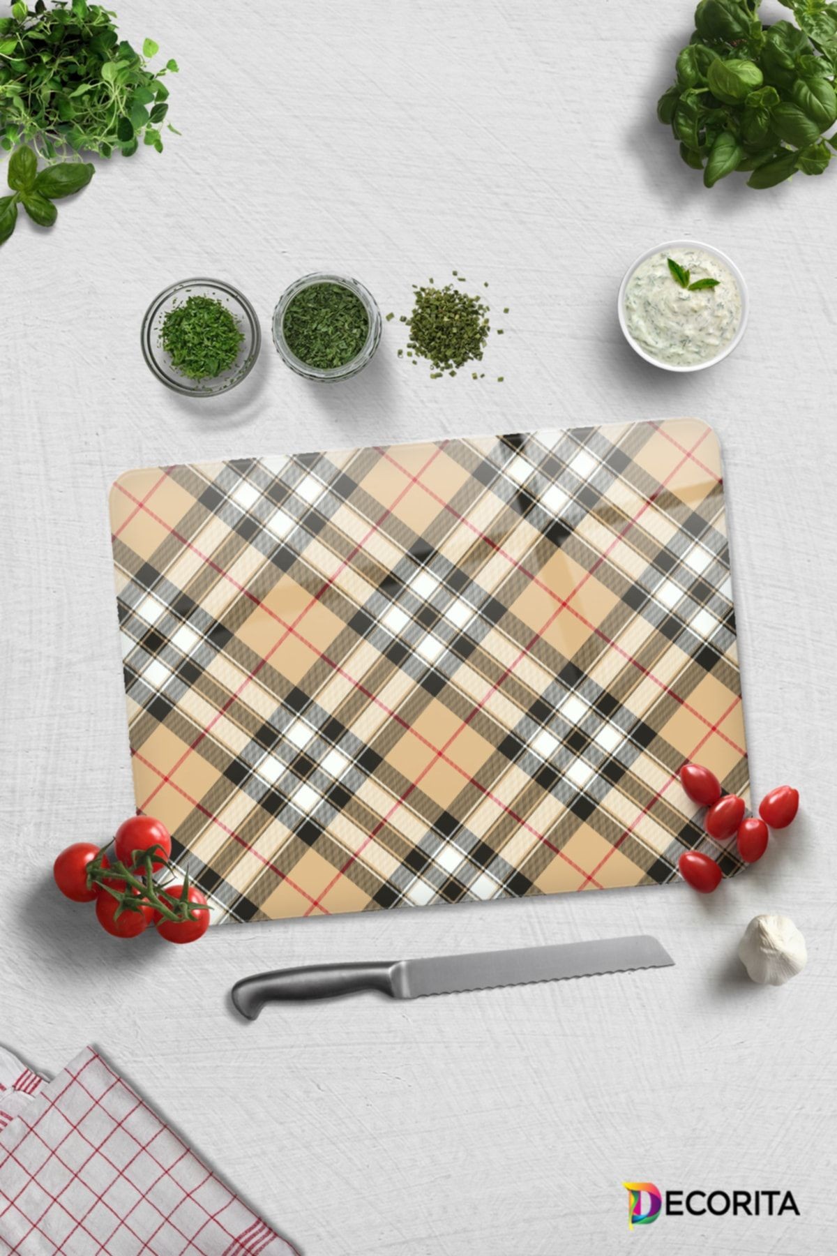 Cam Kesme Tahtası - Cam Kesme Tablası | Krem Ekose Desen | 30cm X 40cm