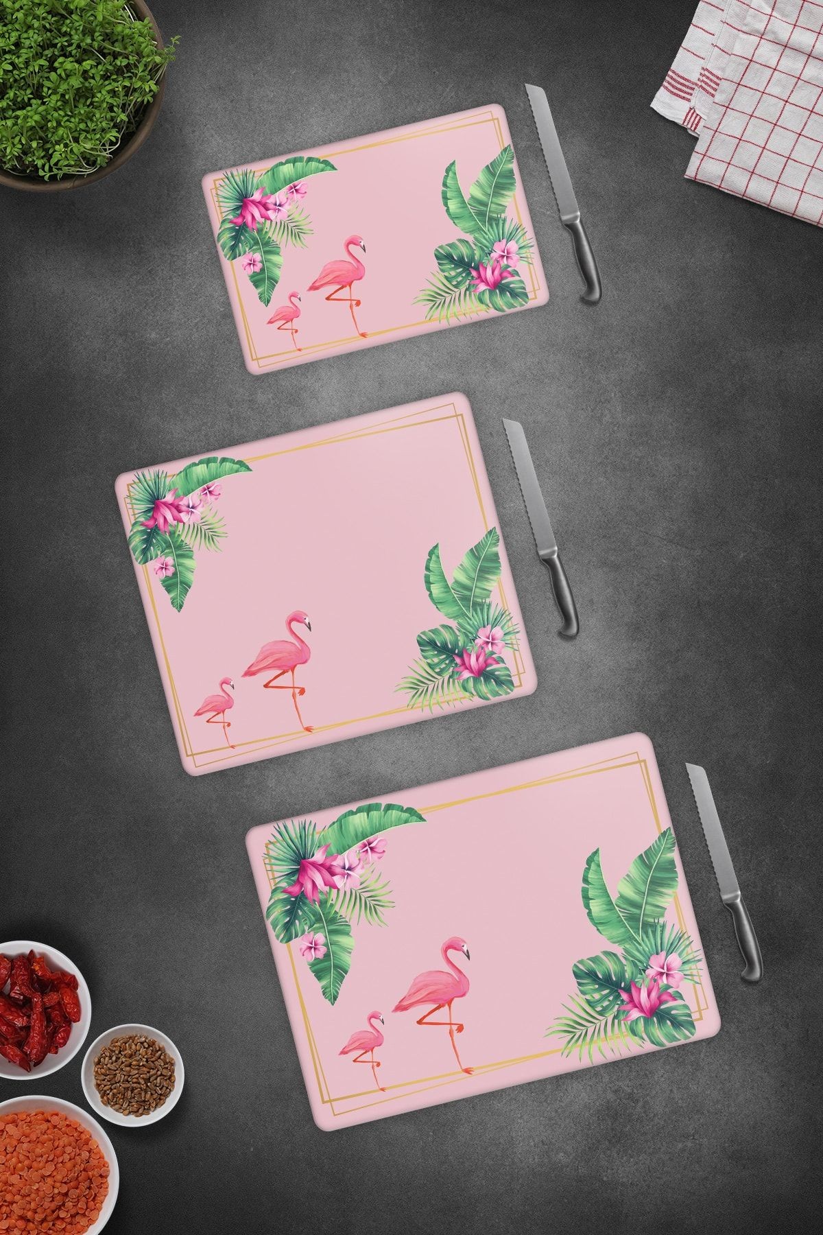 Takım Tropik Flamingo | Cam Kesme Tahtası - Cam Kesme Tablası 3 lü