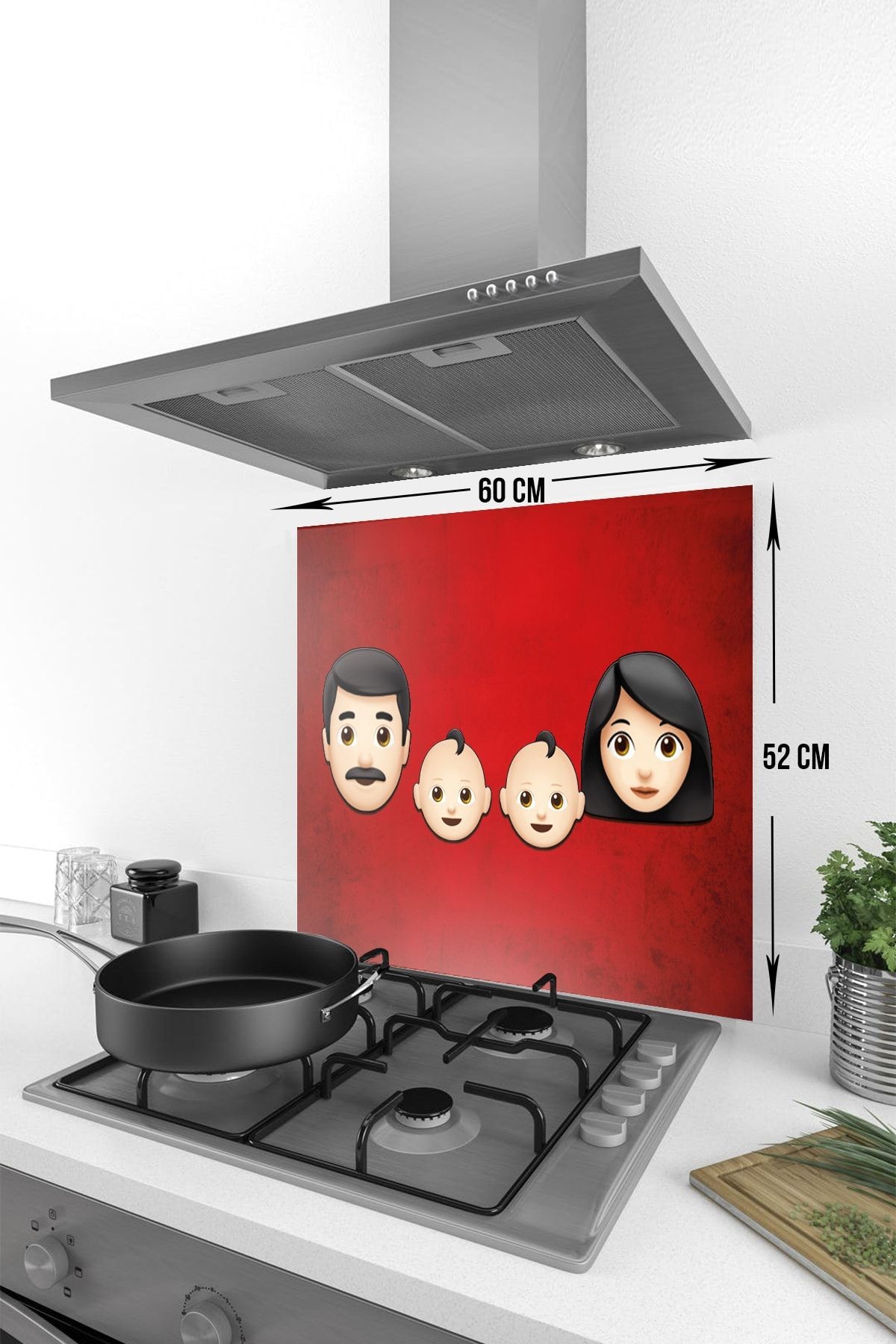 Cam Ocak Arkası Koruyucu | Emoji Ailesi | Anne & Baba & Çocuklar | 49,5 Cm X 76 Cm