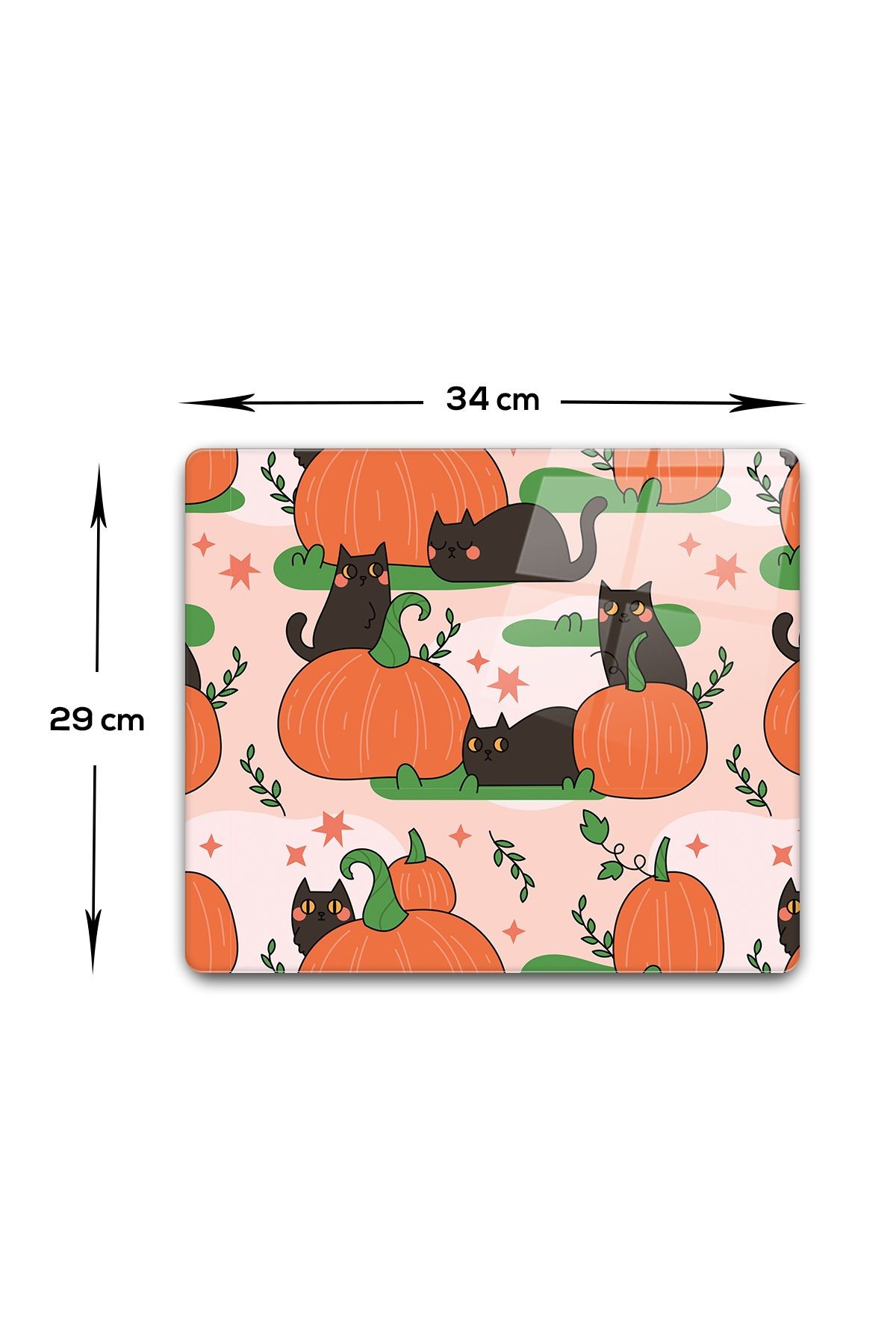 Cam Kesme Tahtası - Cam Kesme Tablası | Balkabağı ve Kedi | 29cm x 34cm