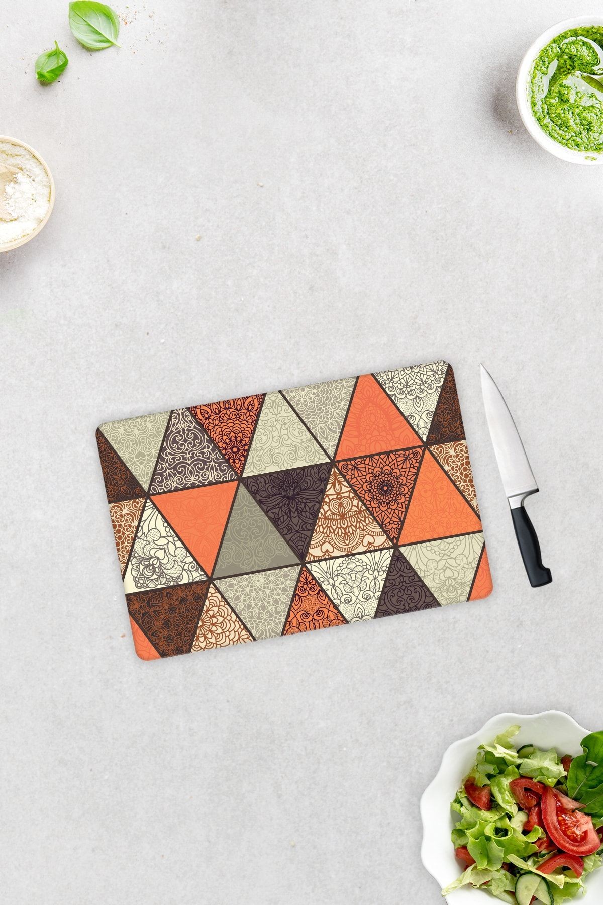Toprak Tonları Mandala Desen | Cam Kesme Tahtası - Cam Kesme Tablası | 20cm X 30cm