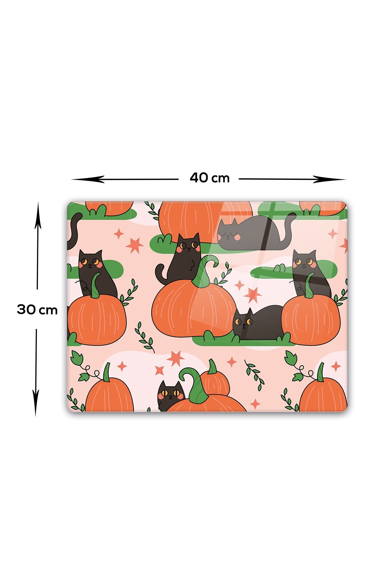 Cam Kesme Tahtası - Cam Kesme Tablası | Balkabağı ve Kedi | 30cm x 40cm